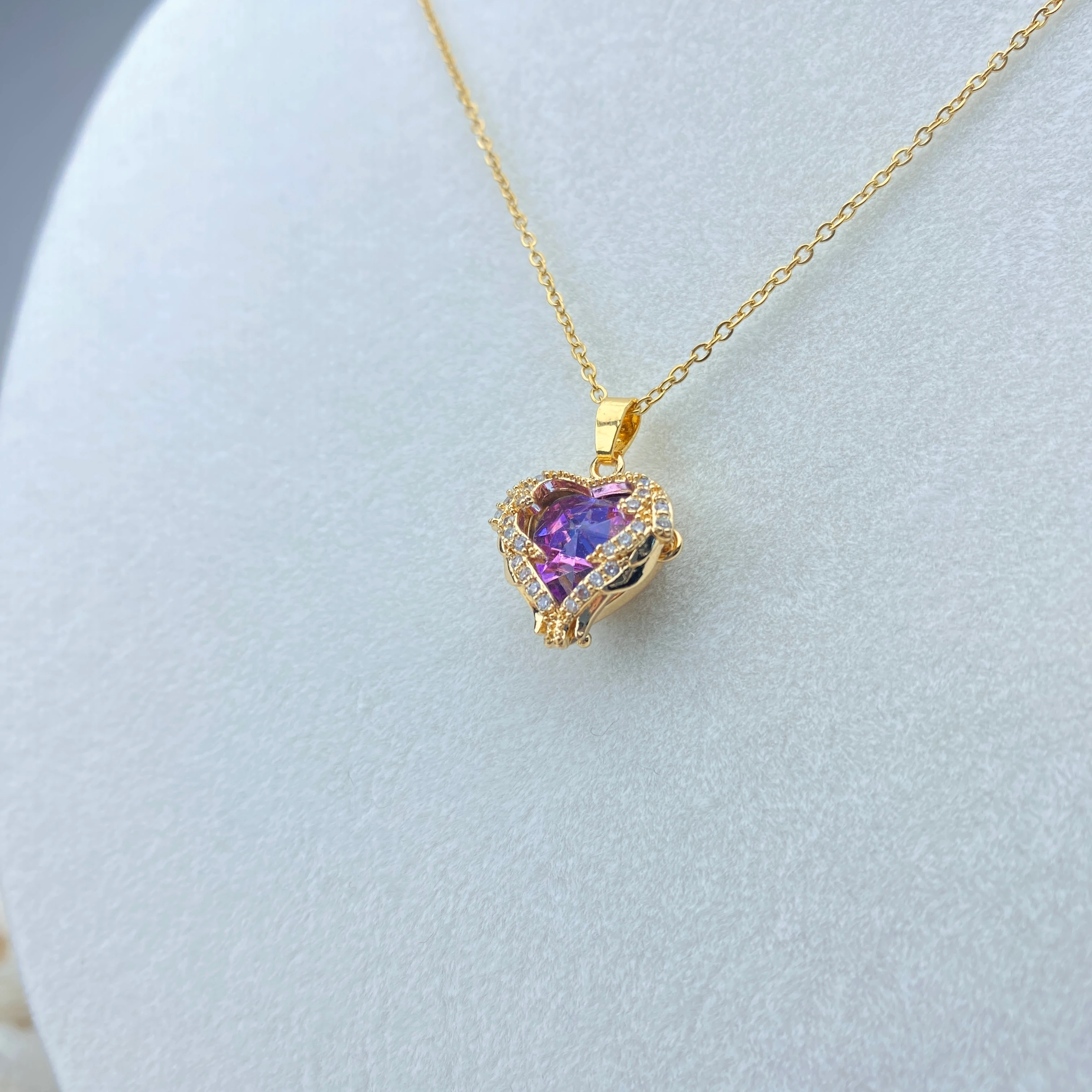 Mavi Mor Kolye Kalp Model Zirkon Taşlı Yüksek Kalite 316 L Paslanmaz Çelik Gold