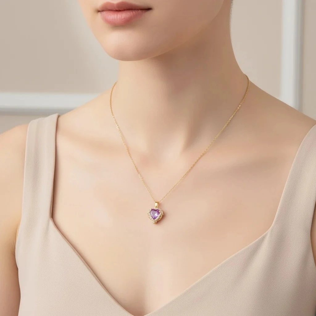 Mavi Mor Kolye Kalp Model Zirkon Taşlı Yüksek Kalite 316 L Paslanmaz Çelik Gold