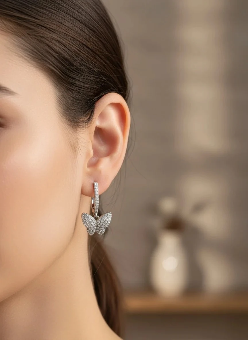 Kelebek Küpe Sallantılı Full Zirkon Taşlı Yüksek Kalite 316 L Paslanmaz Çelik Silver