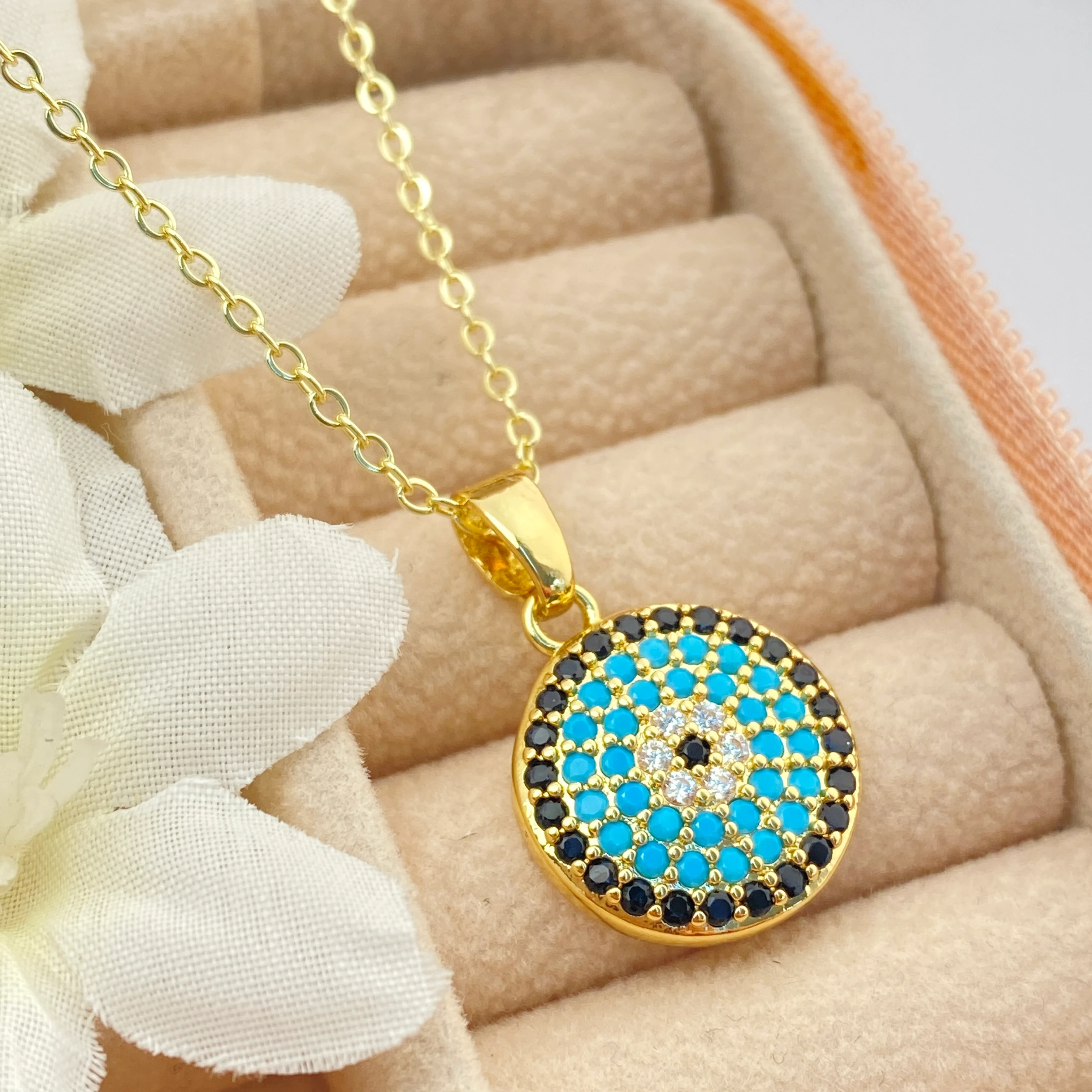 Nazar Boncuklu Kolye Kuyumcu Model Kolye Çelik 14 Ayar Gold 45cm