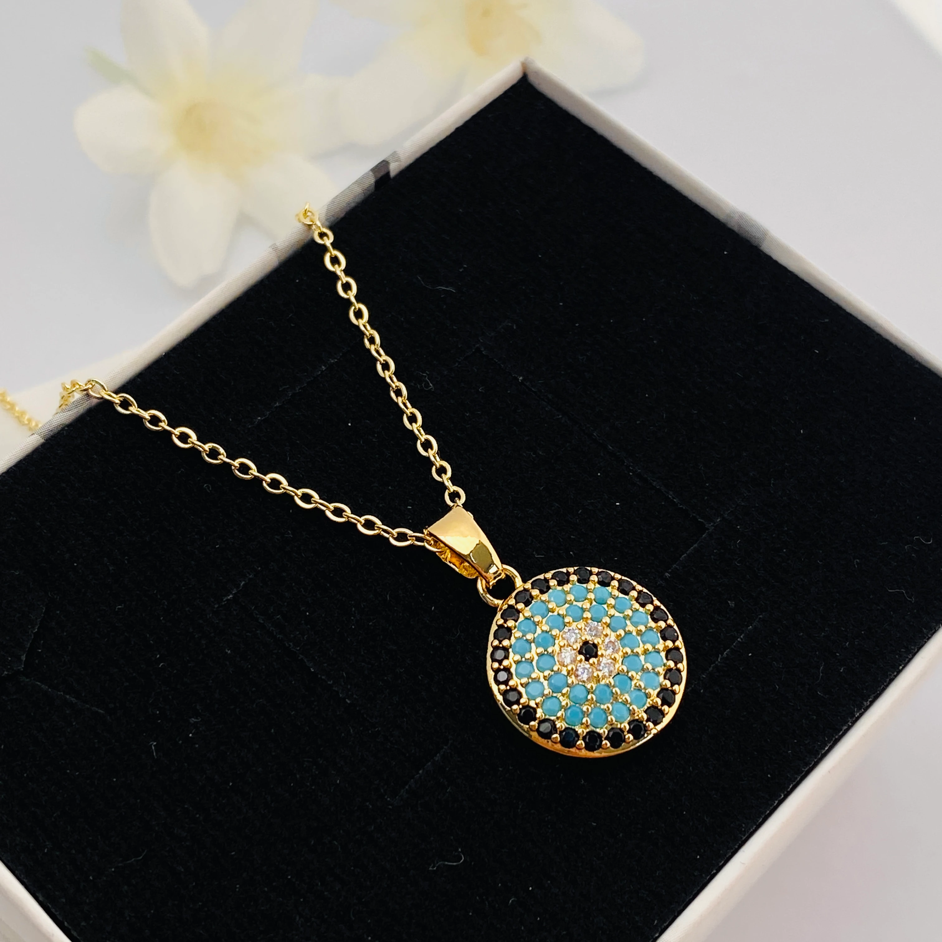 Nazar Boncuklu Kolye Kuyumcu Model Kolye Çelik 14 Ayar Gold 45cm