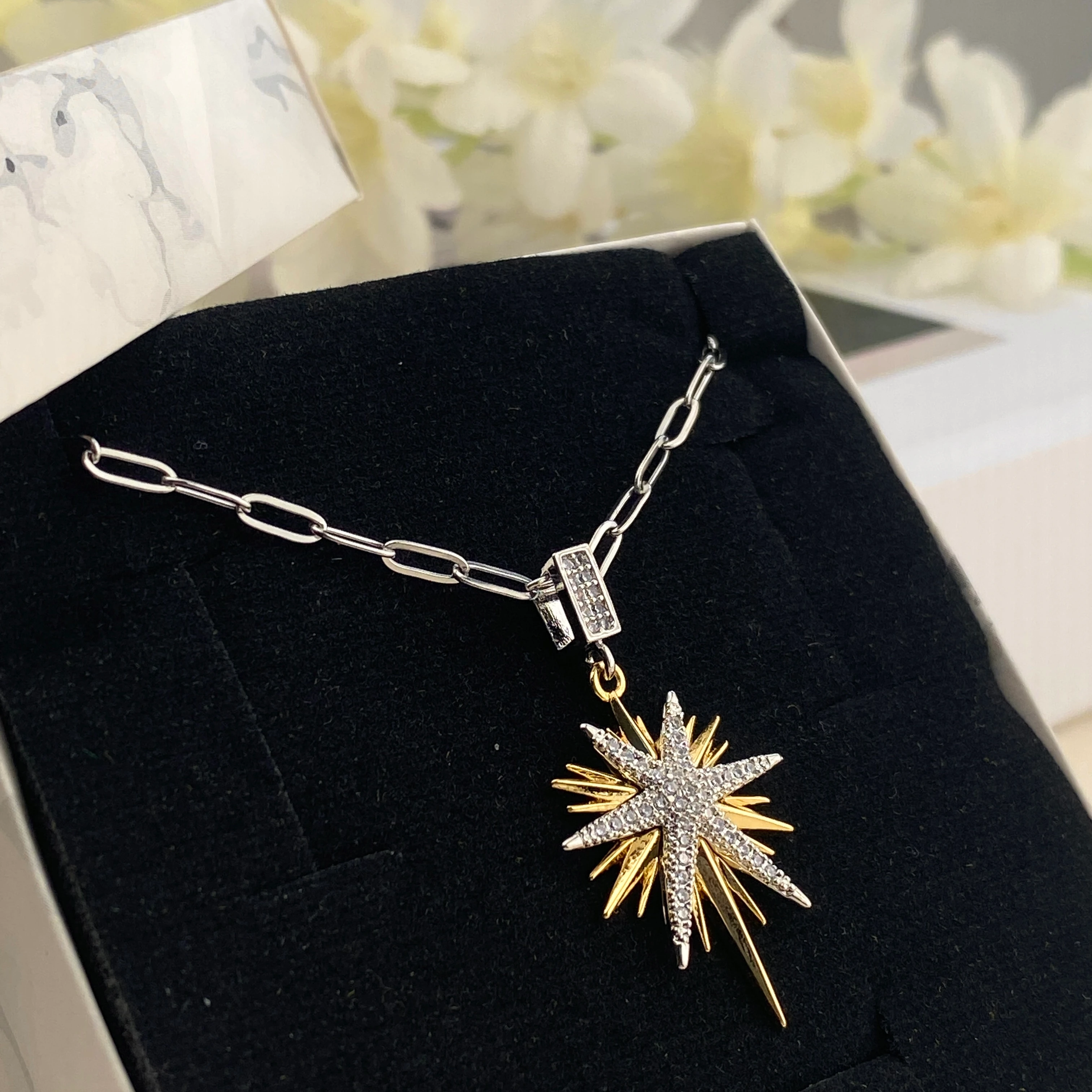 Kutup Yıldızı Kolye Çelik Kuzey Yıldızı Zirkon Taşlı 60+5cm