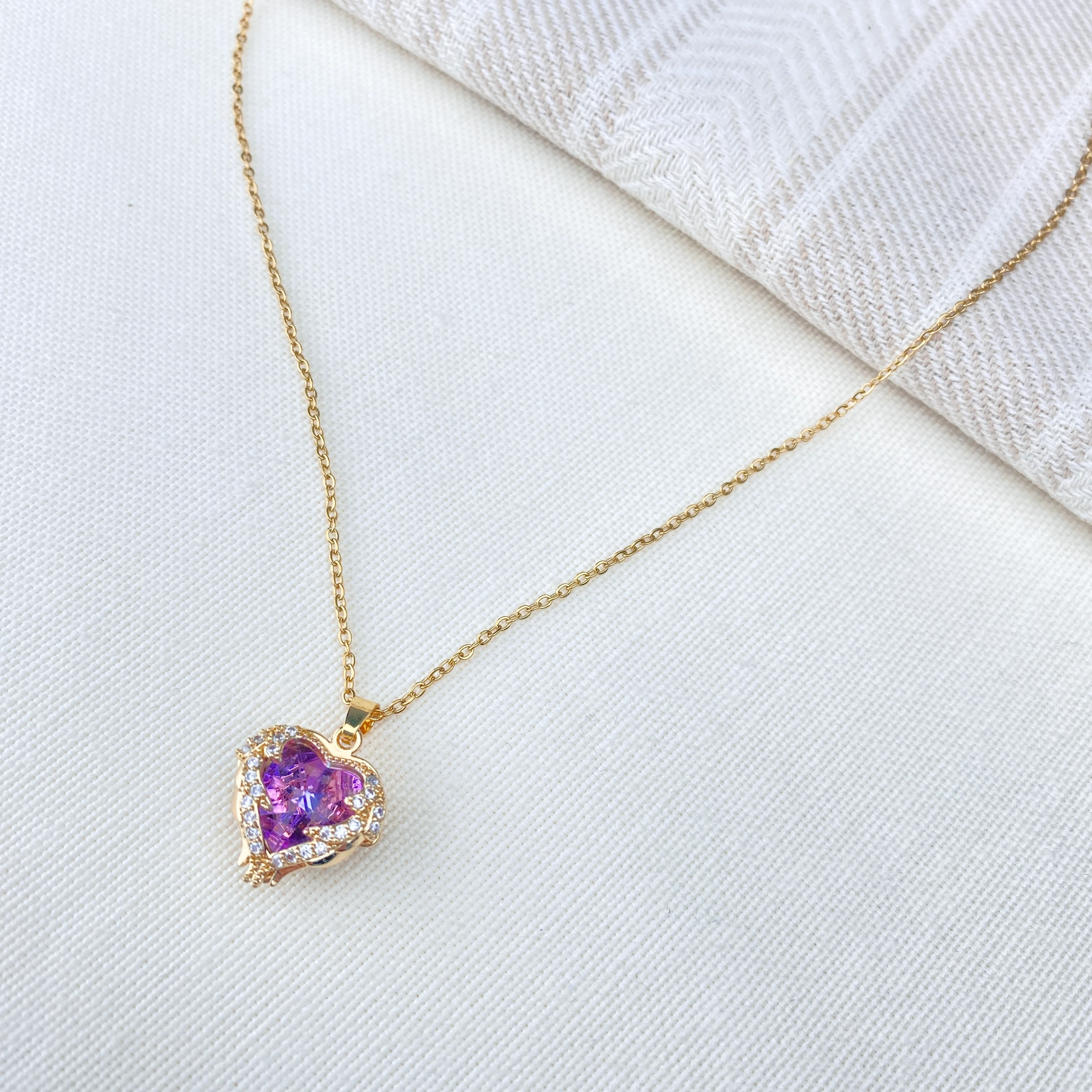 Mavi Mor Kolye Kalp Model Zirkon Taşlı Yüksek Kalite 316 L Paslanmaz Çelik Gold