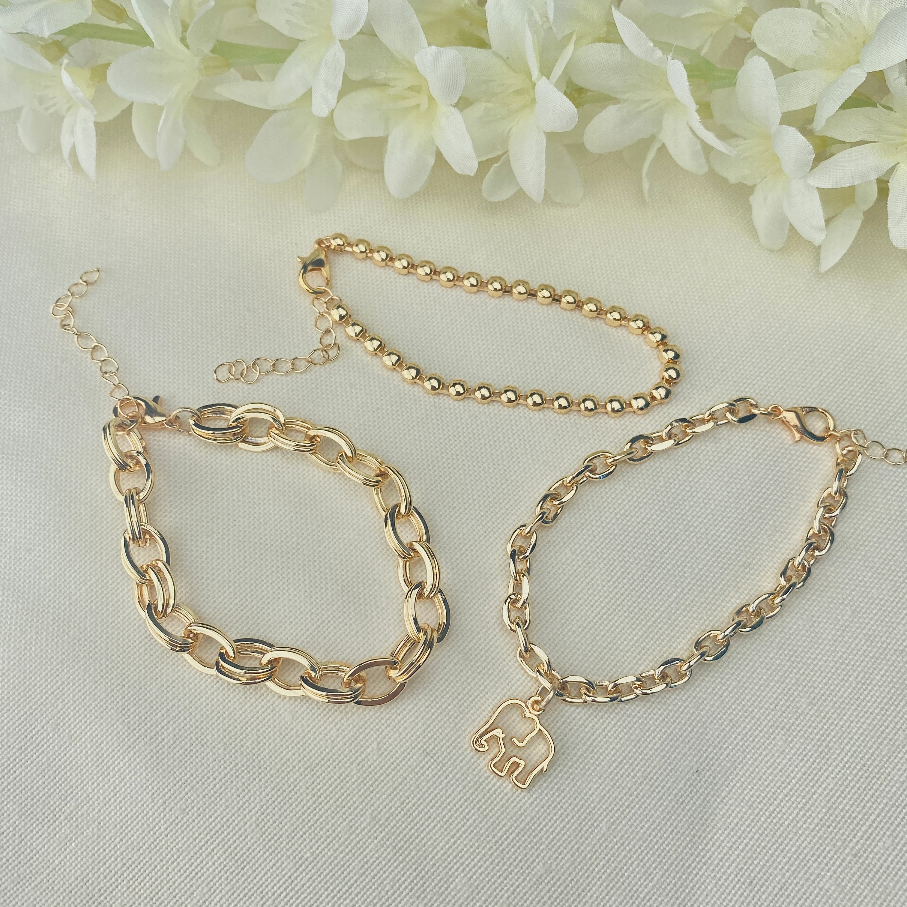 Kadın Bileklik 3 lü Kombin Bileklik Seti Fil Figürlü Zincir Bileklik