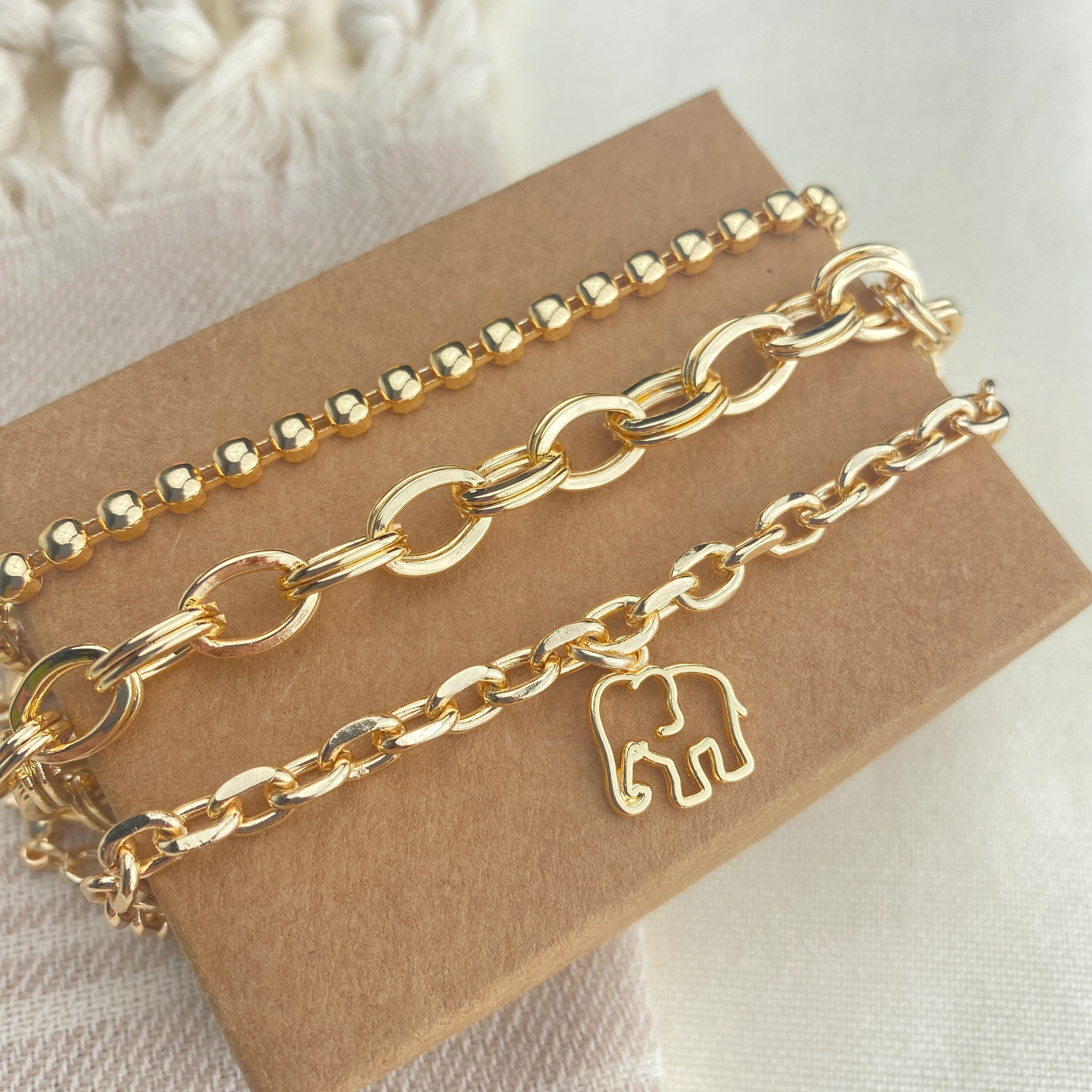 Kadın Bileklik 3 lü Kombin Bileklik Seti Fil Figürlü Zincir Bileklik