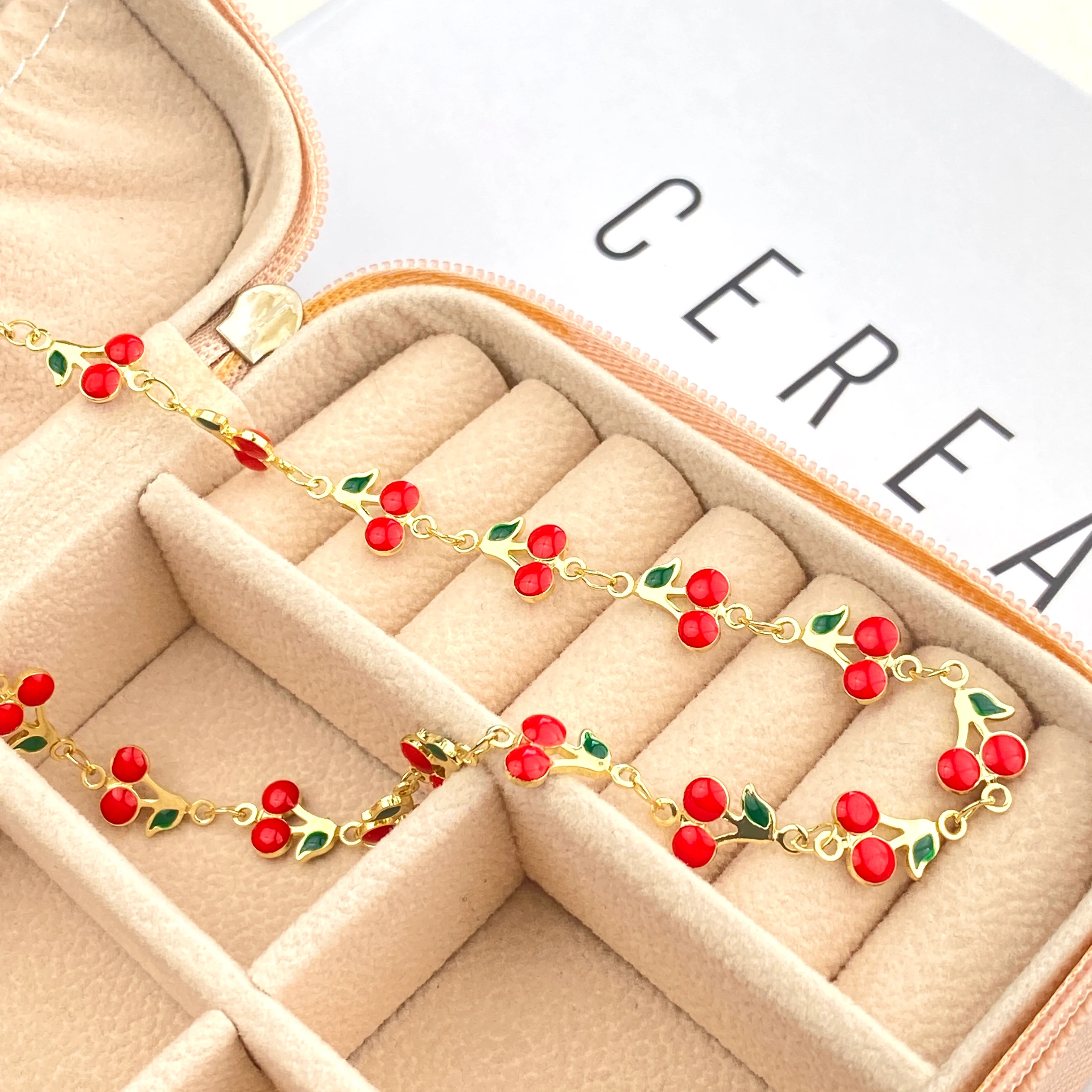 Kiraz Kolye Mineli Yaz Kolyesi Kararmaz Çelik Gold 45cm