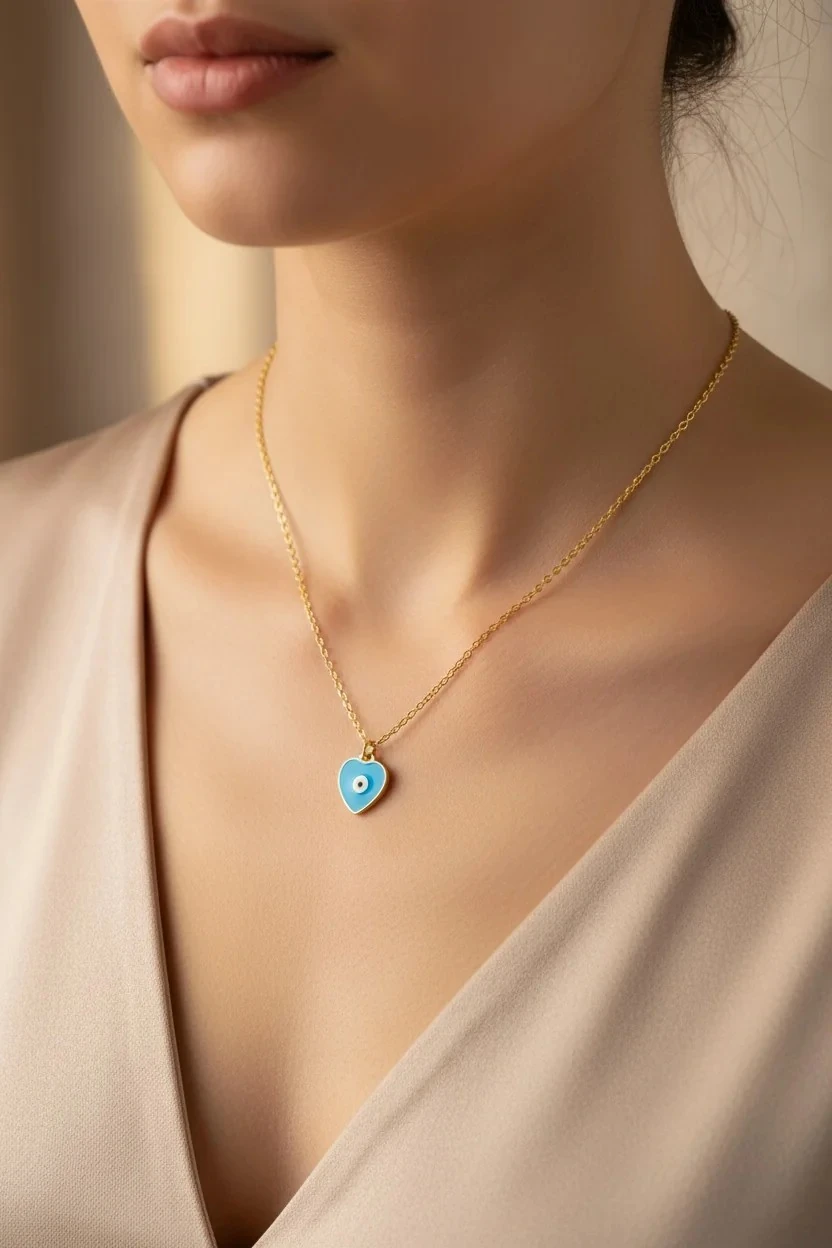 Mineli Kolye Mineli Kalp Nazar Boncuklu Gold 45 cm