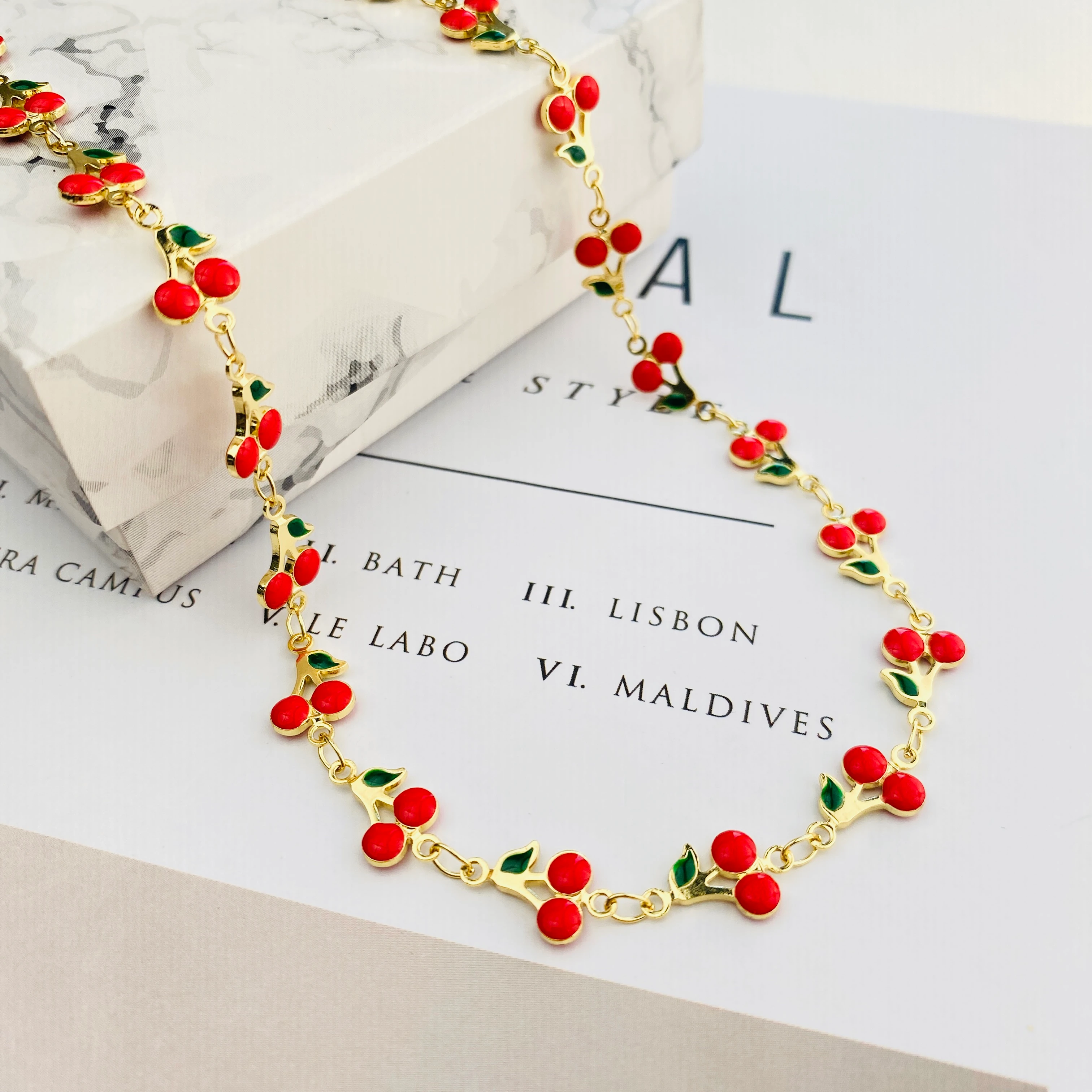 Kiraz Kolye Mineli Yaz Kolyesi Kararmaz Çelik Gold 45cm