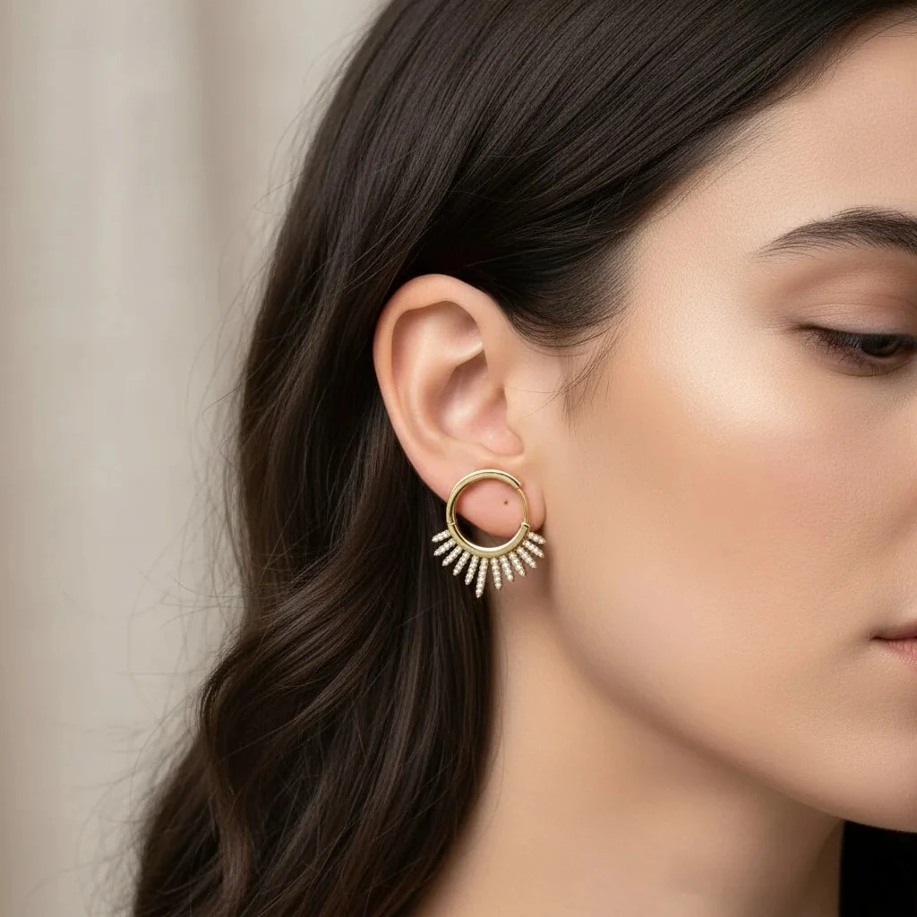 Kadın Küpe Zirkon Taşlı Çelik Güneş Küpe Xuping