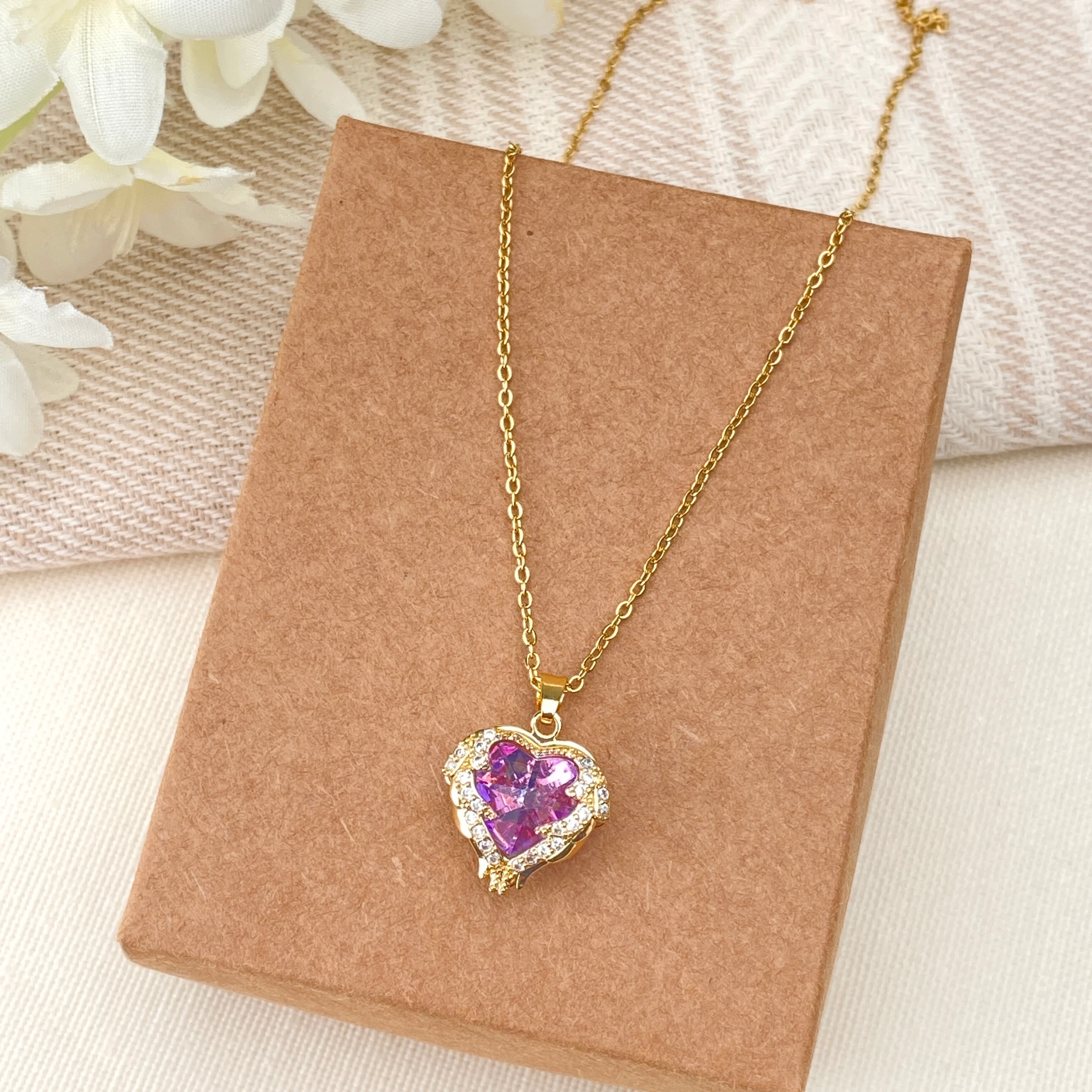 Mavi Mor Kolye Kalp Model Zirkon Taşlı Yüksek Kalite 316 L Paslanmaz Çelik Gold