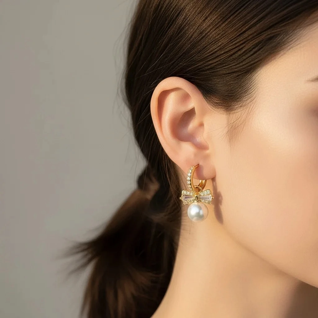 Fiyonk Küpe Inci Sallantılı Zirkon Taşlı Çelik 