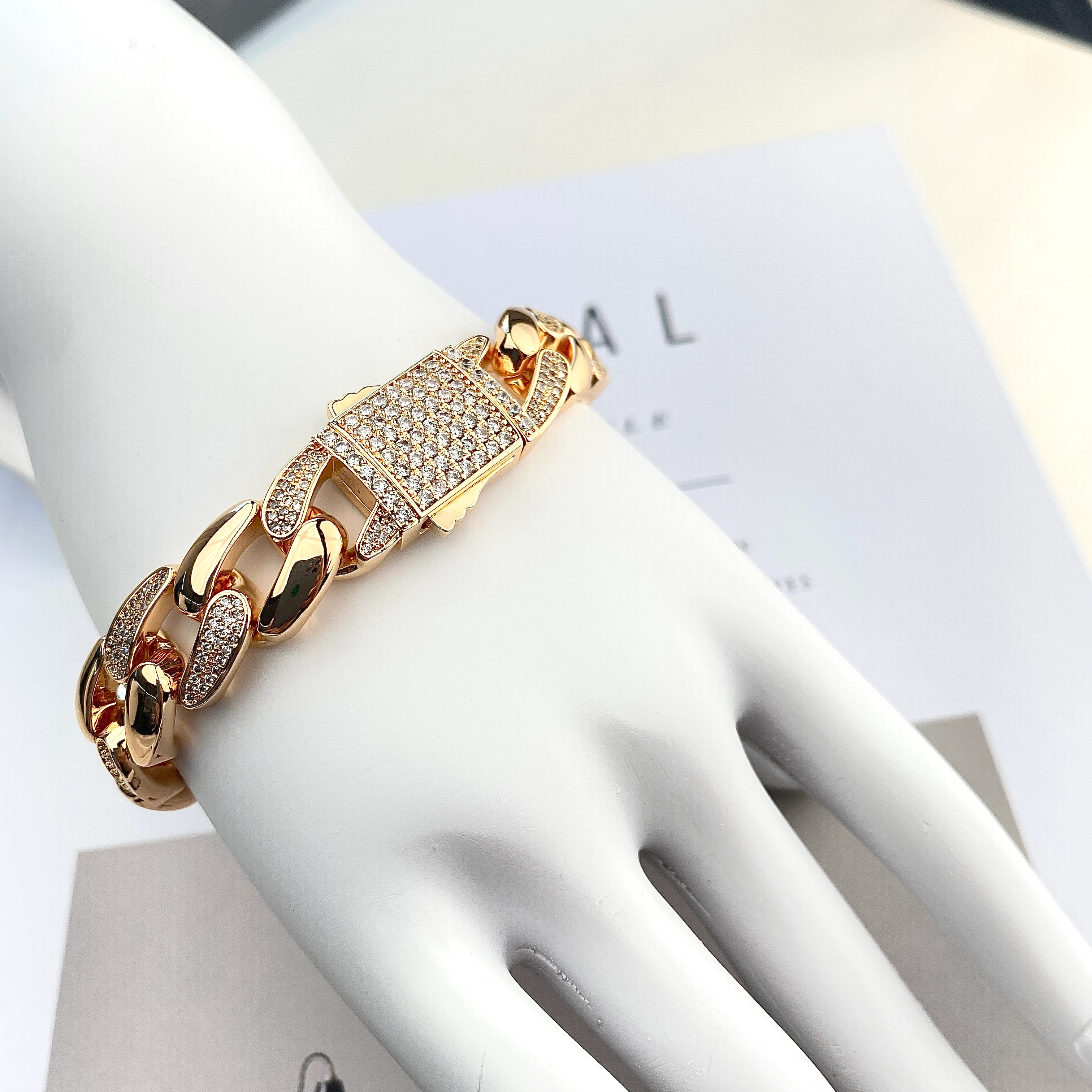 Gurmet Bileklik Tam Tur Zirkon Taşlı Kalın Zincir Çelik Kararmaz Xuping Rose 1,4cm