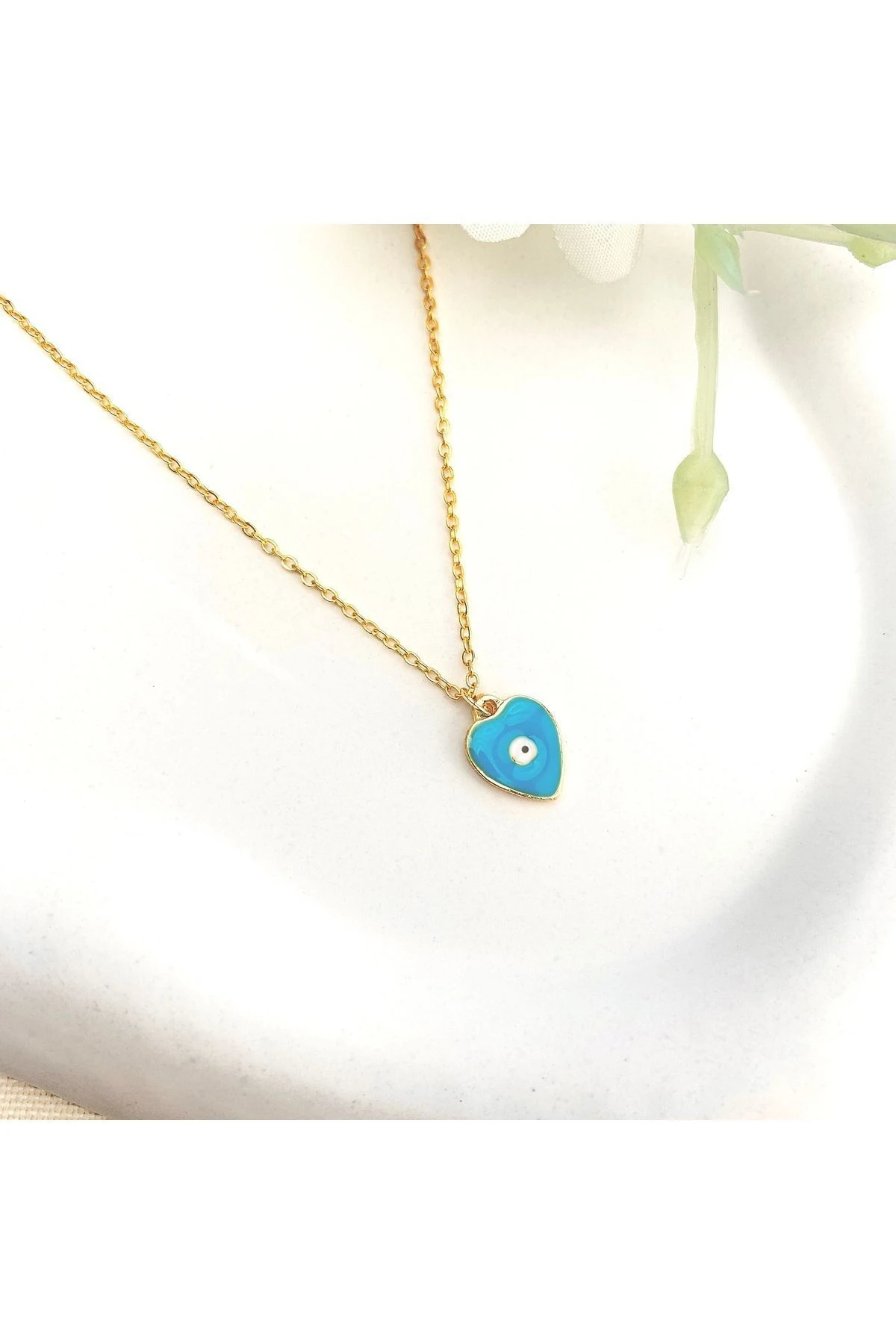Mineli Kolye Mineli Kalp Nazar Boncuklu Gold 45 cm