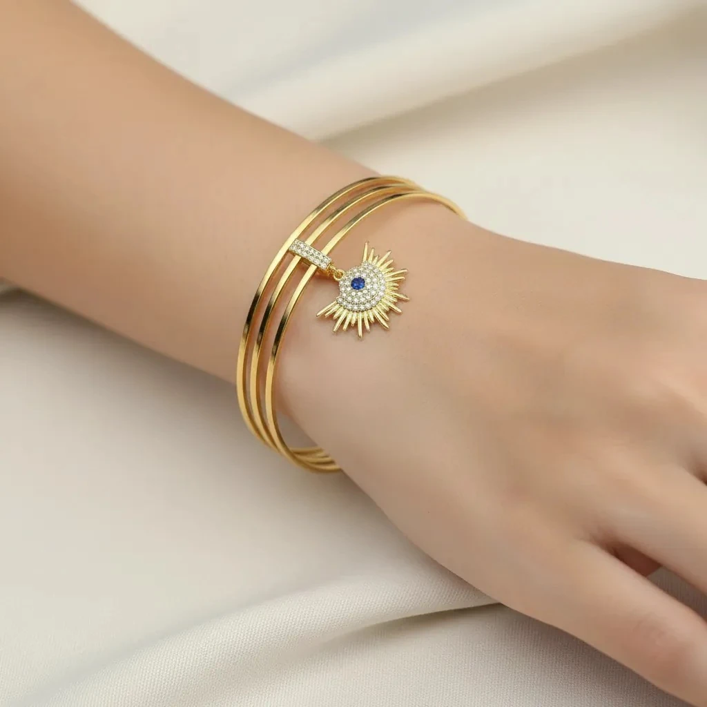 Çelik Ajda Bilezik Charmlı Ajda Bilezik 3lü Zirkon Taşlı Güneş Model