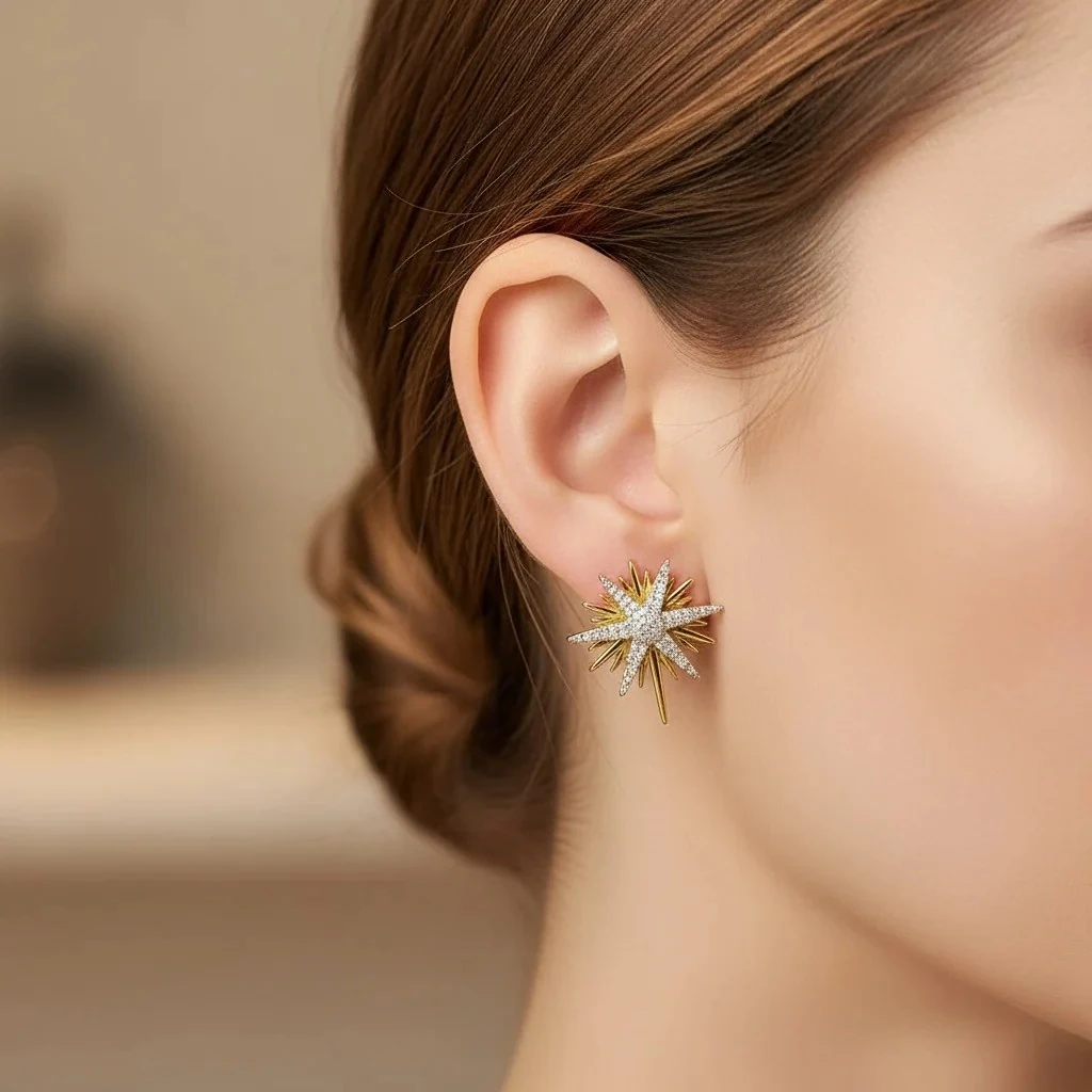 Kutup Yıldızı Küpe Full Zirkon Taşlı Küpe Çift Renk