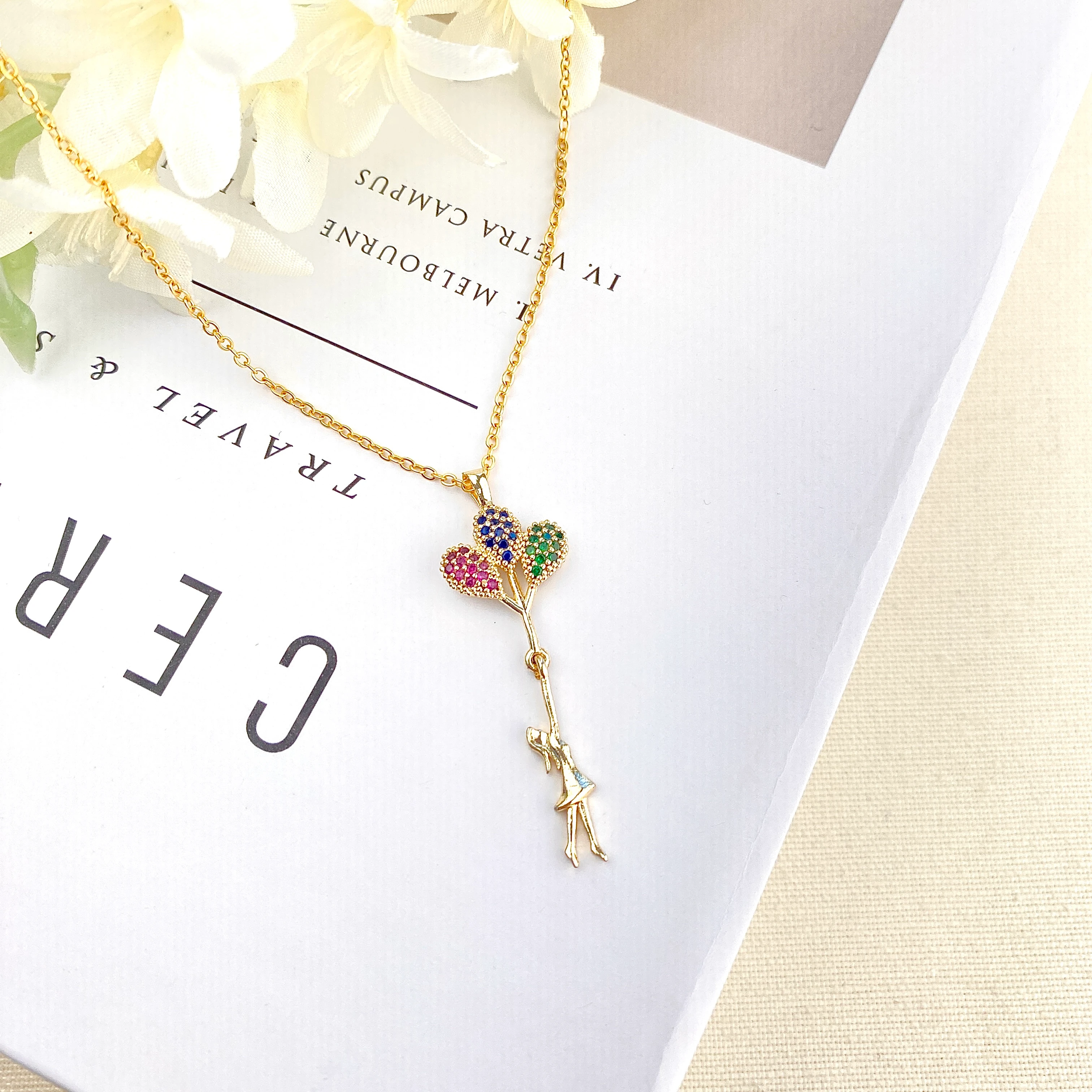 Balonlu Kız Kolye Uçan Balon Kadın Kolye Zirkon Taşlı Gold 45cm