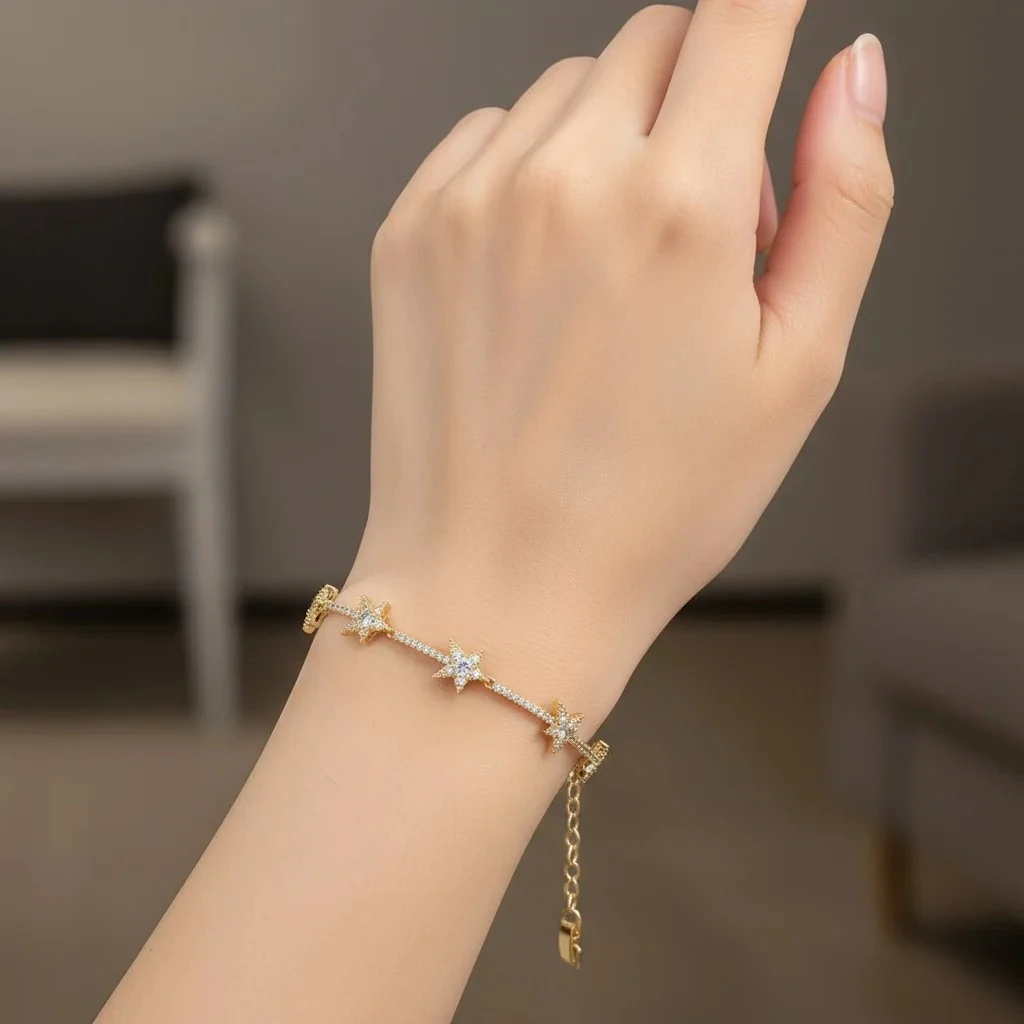 Su Yolu Bileklik Kadın Yıldızlı Bileklik Zirkon Taşlı Çelik Kararmaz Xuping Vip Seri 14 Ayar Gold