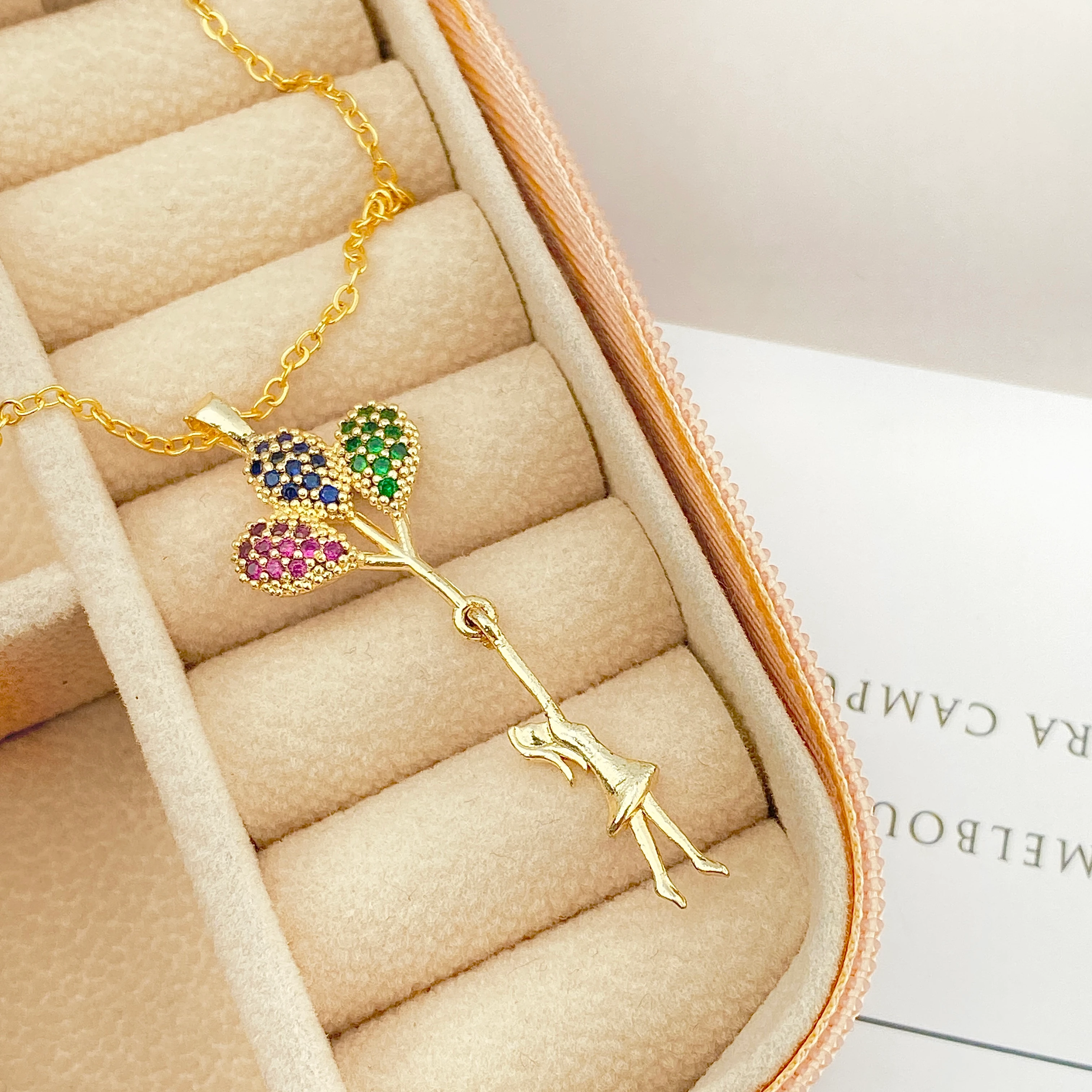 Balonlu Kız Kolye Uçan Balon Kadın Kolye Zirkon Taşlı Gold 45cm