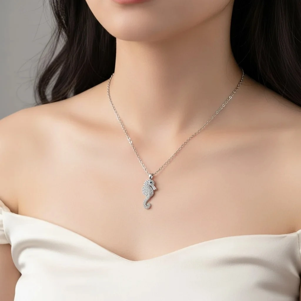 Deniz Atı Kadın Kolye Zirkon Taşlı Silver Kolye 45cm