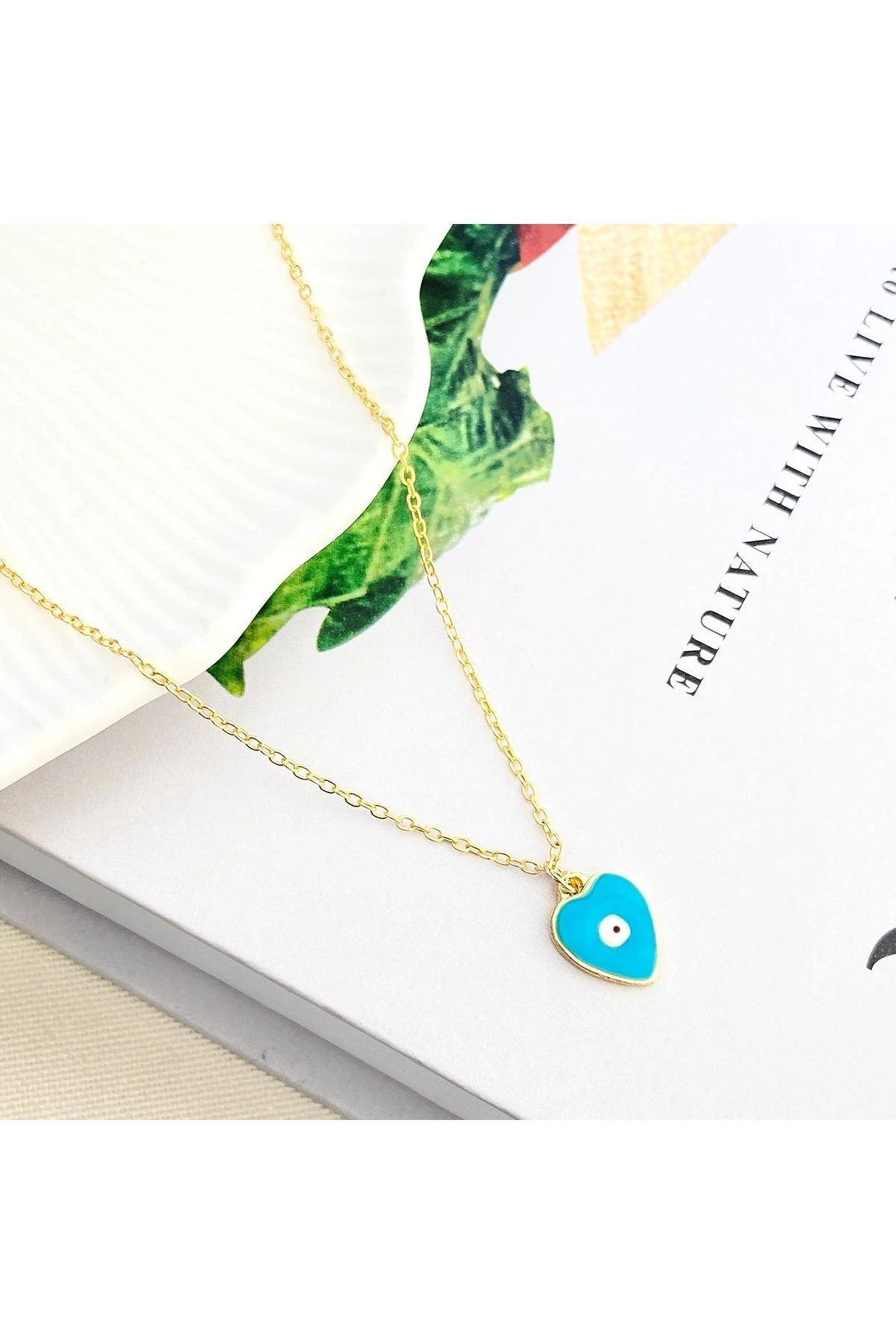 Mineli Kolye Mineli Kalp Nazar Boncuklu Gold 45 cm