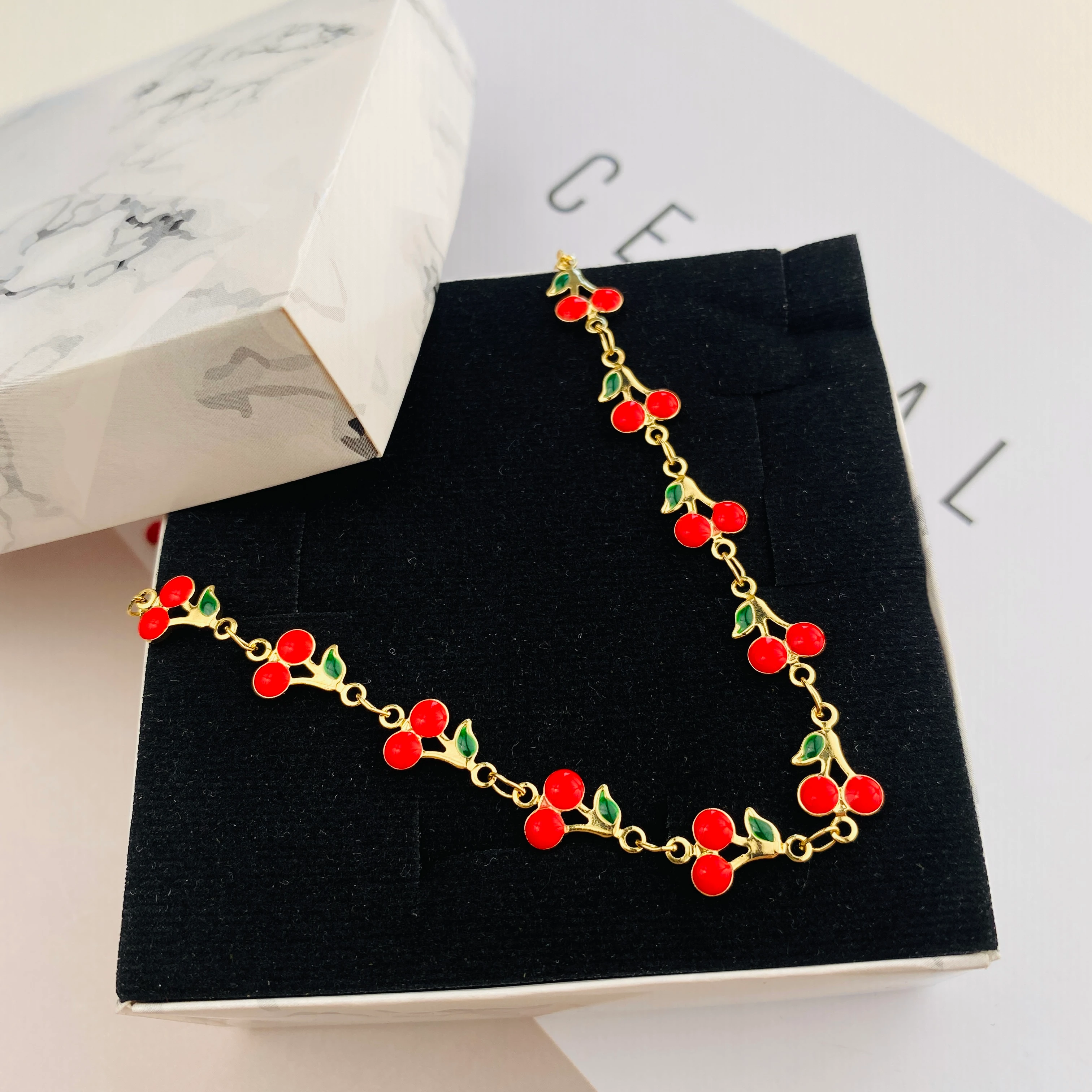 Kiraz Kolye Mineli Yaz Kolyesi Kararmaz Çelik Gold 45cm