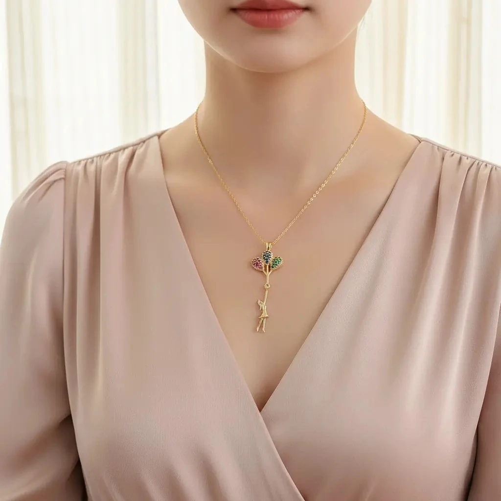 Balonlu Kız Kolye Uçan Balon Kadın Kolye Zirkon Taşlı Gold 45cm