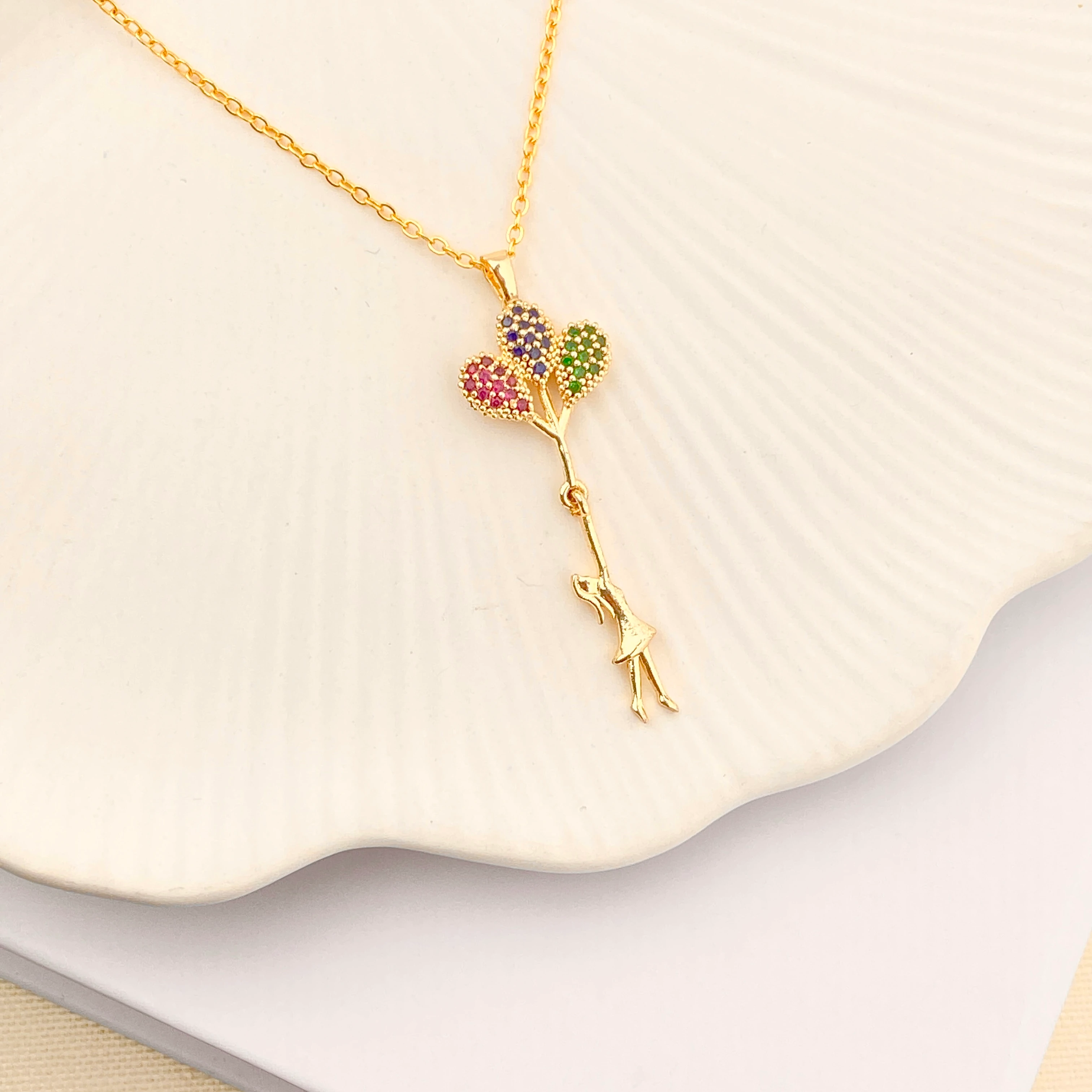 Balonlu Kız Kolye Uçan Balon Kadın Kolye Zirkon Taşlı Gold 45cm