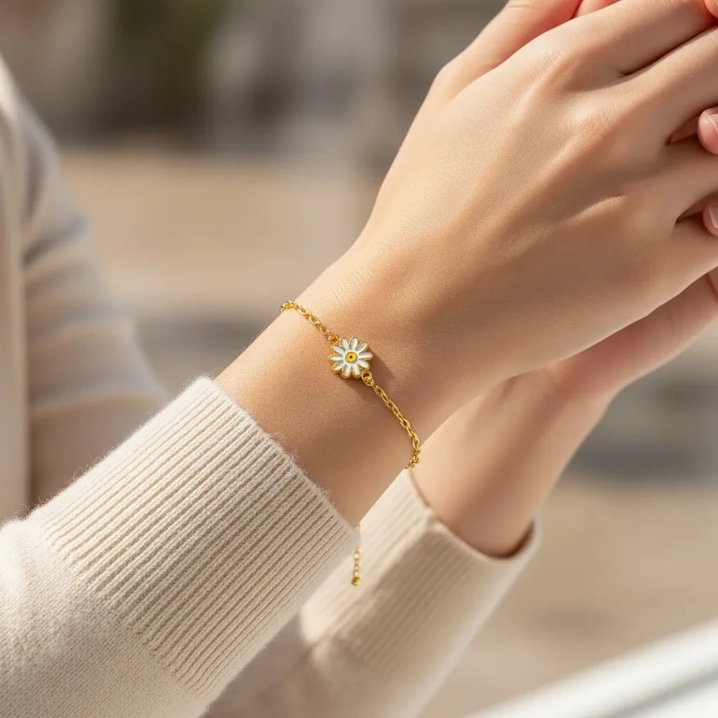 Mineli Bileklik Papatya Bileklik Pirinç Gold 17+5cm