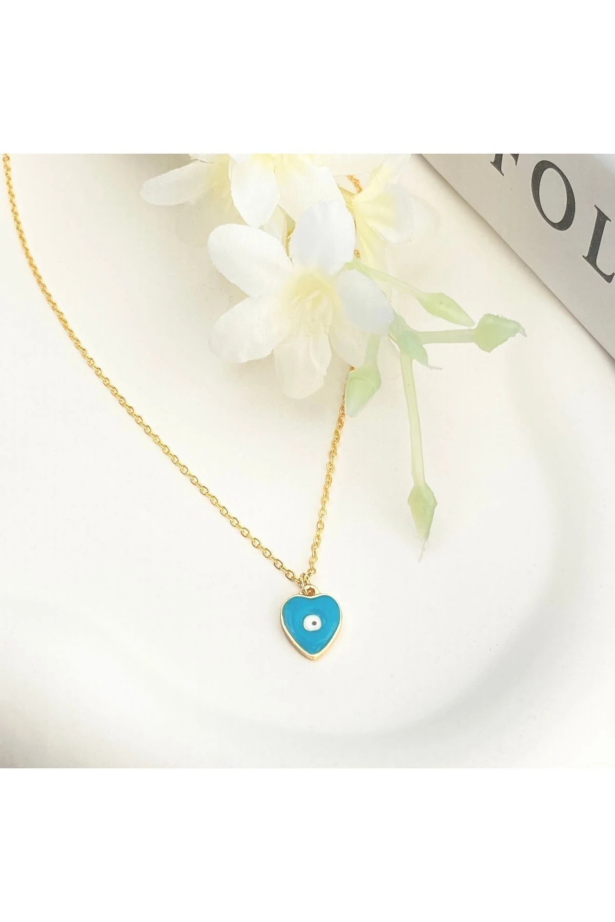 Mineli Kolye Mineli Kalp Nazar Boncuklu Gold 45 cm