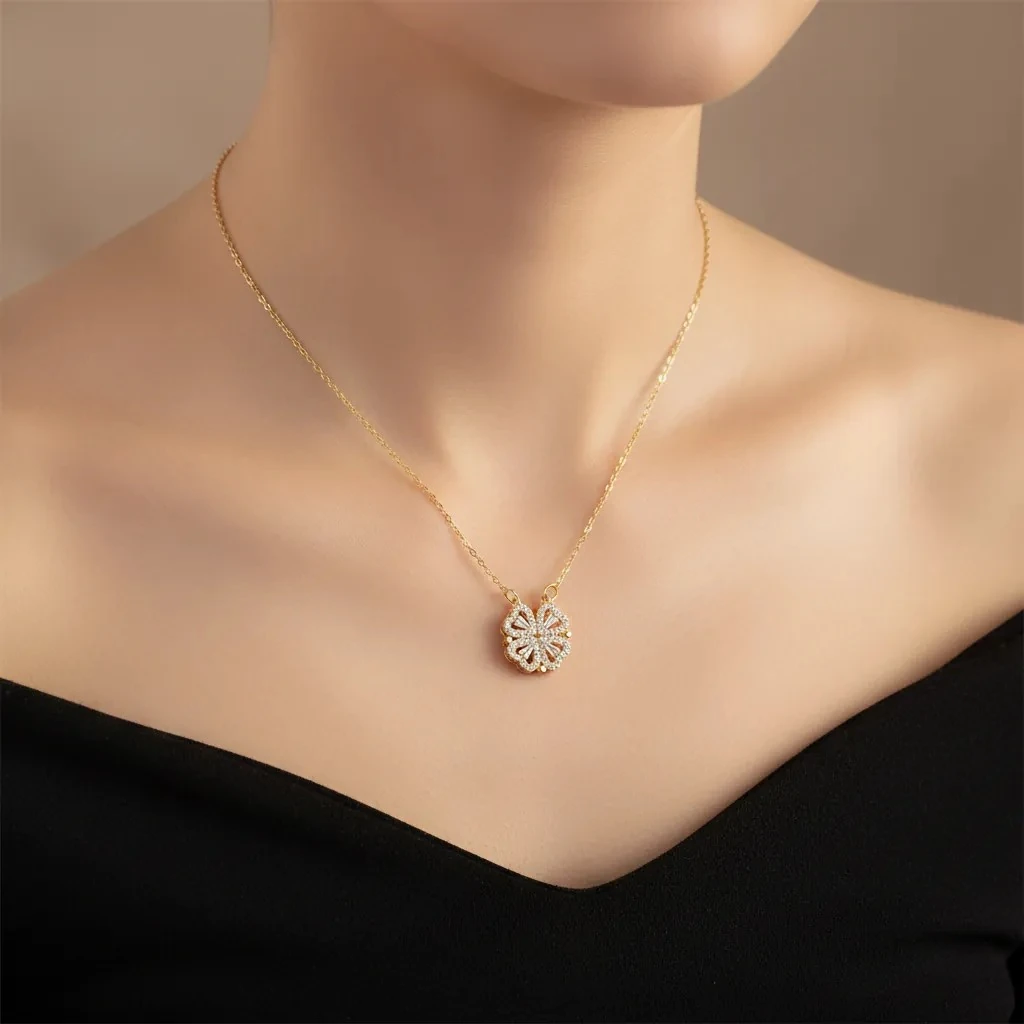 Yonca Kalp Kolye Mıknatıslı Açılan Kolye Zirkon Taşlı Çelik Gold 40+5cm