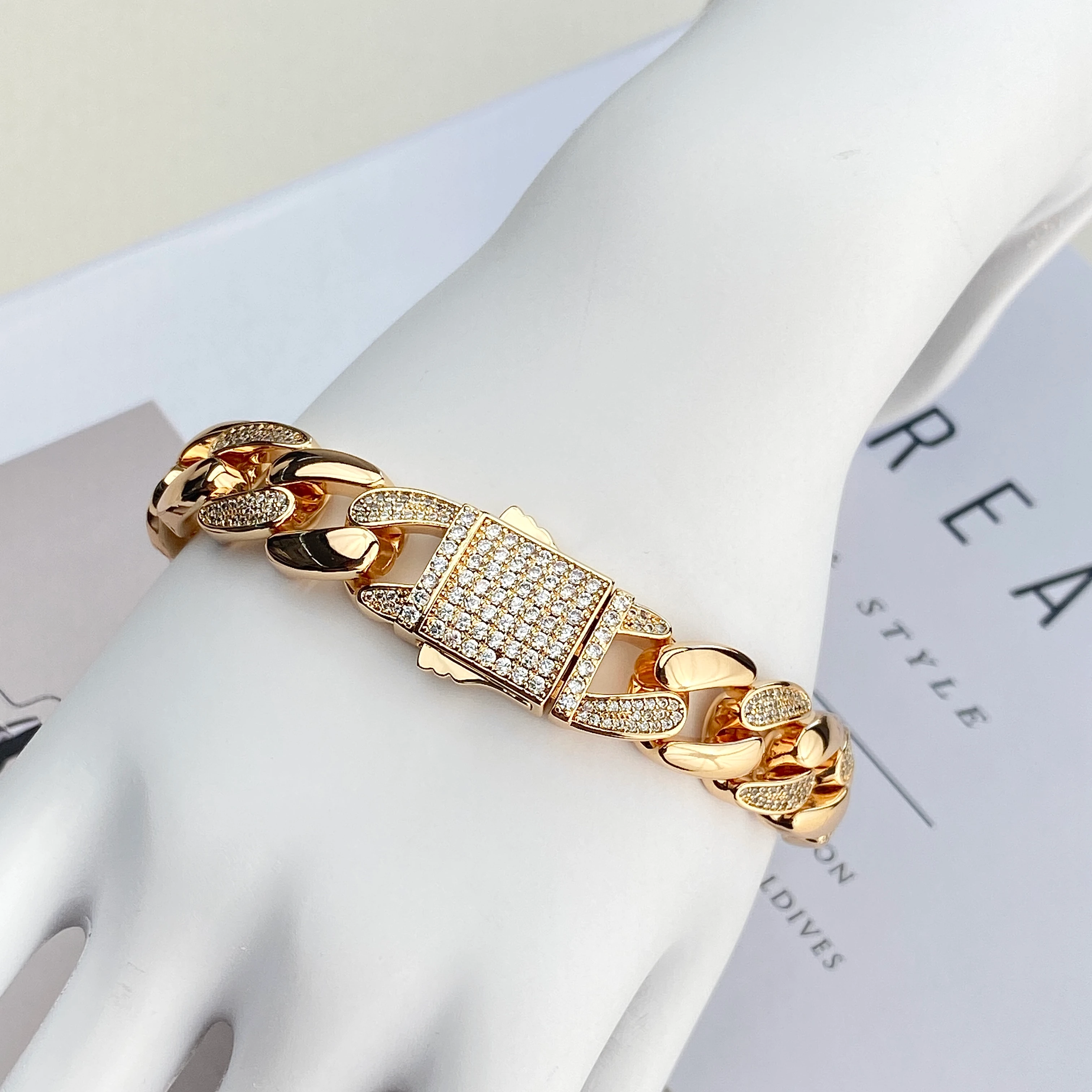 Gurmet Bileklik Tam Tur Zirkon Taşlı Kalın Zincir Çelik Kararmaz Xuping Rose 1,4cm