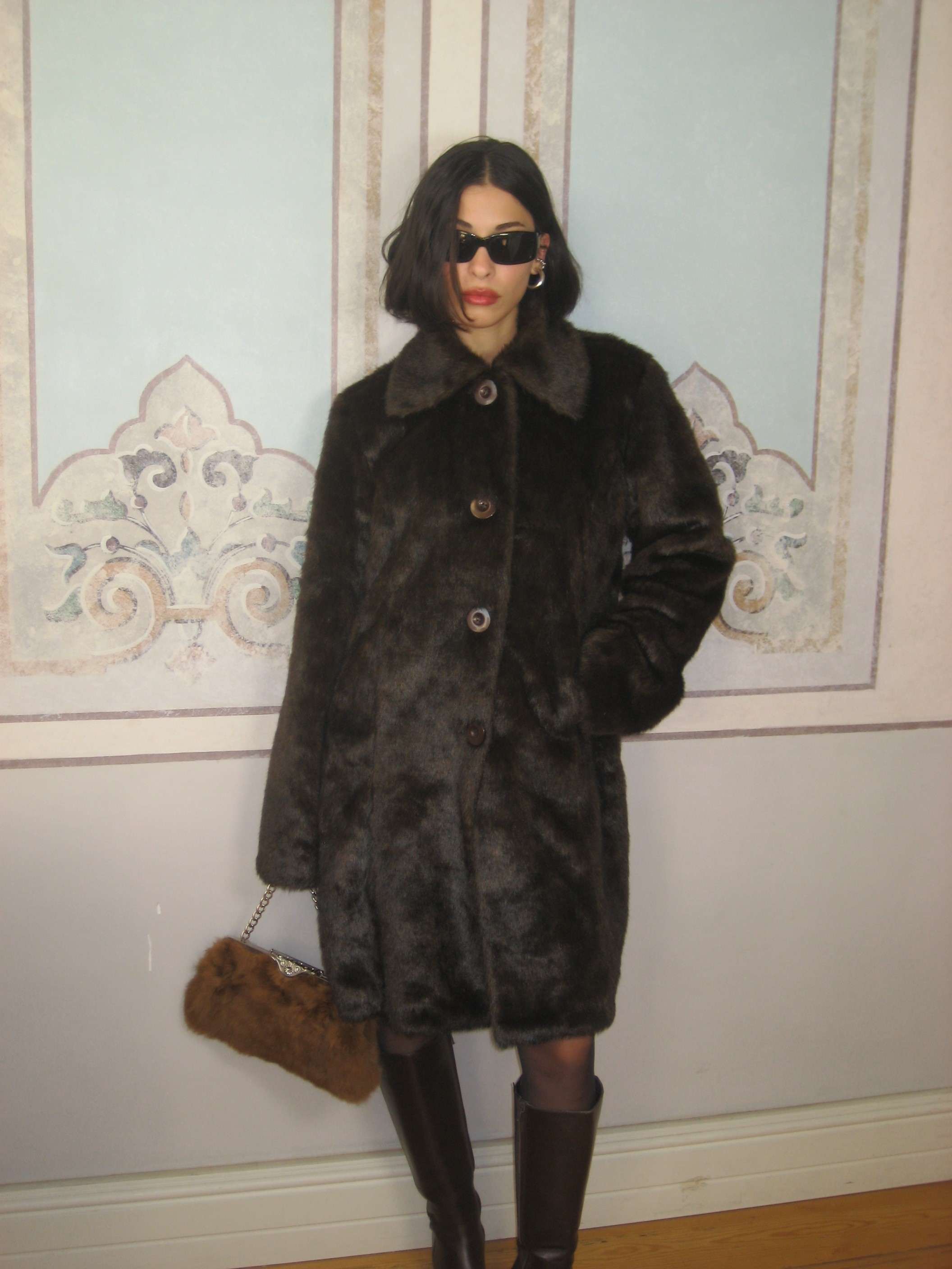 Buttoned Brown Faux Fur Coat