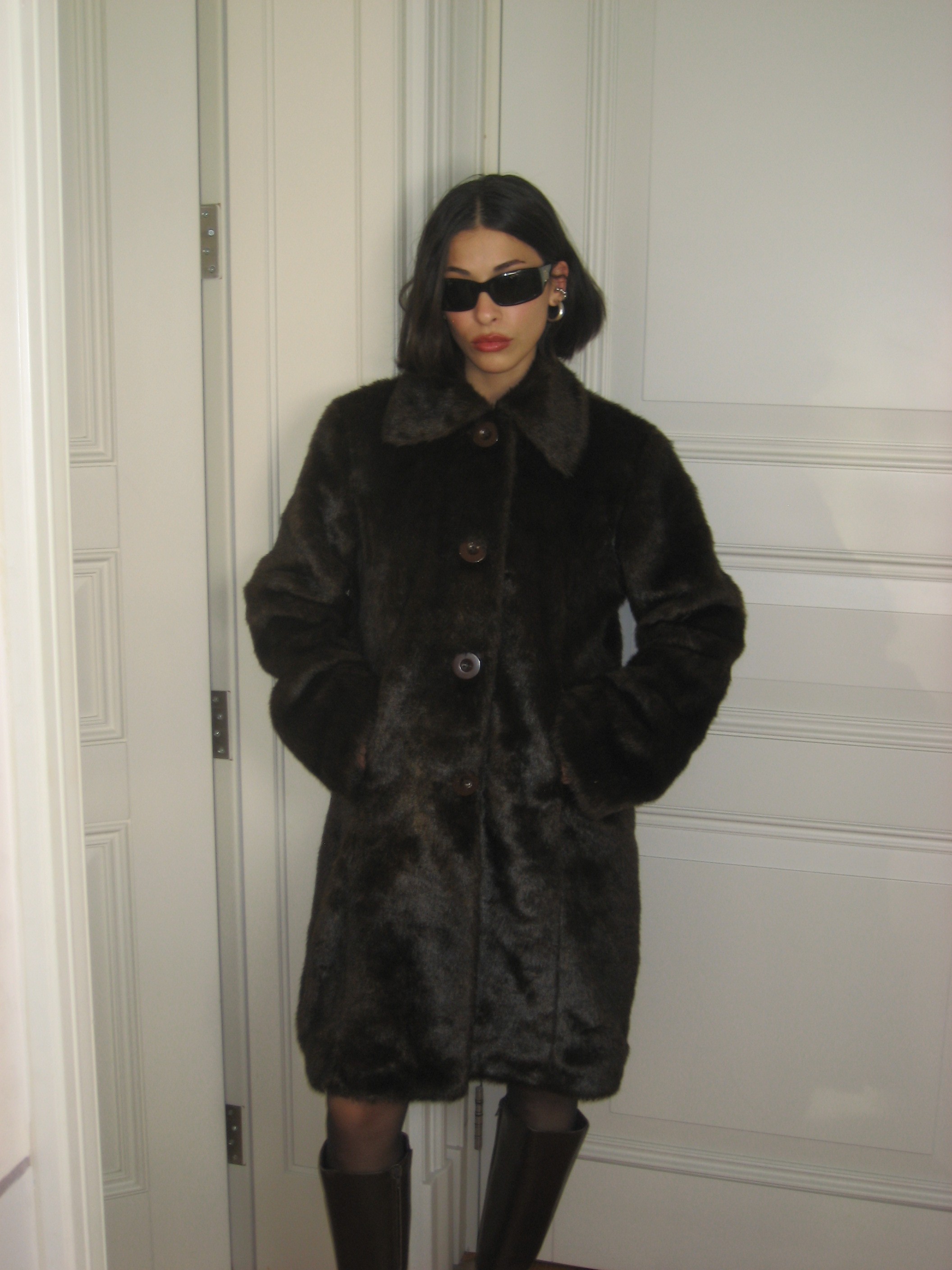 Buttoned Brown Faux Fur Coat