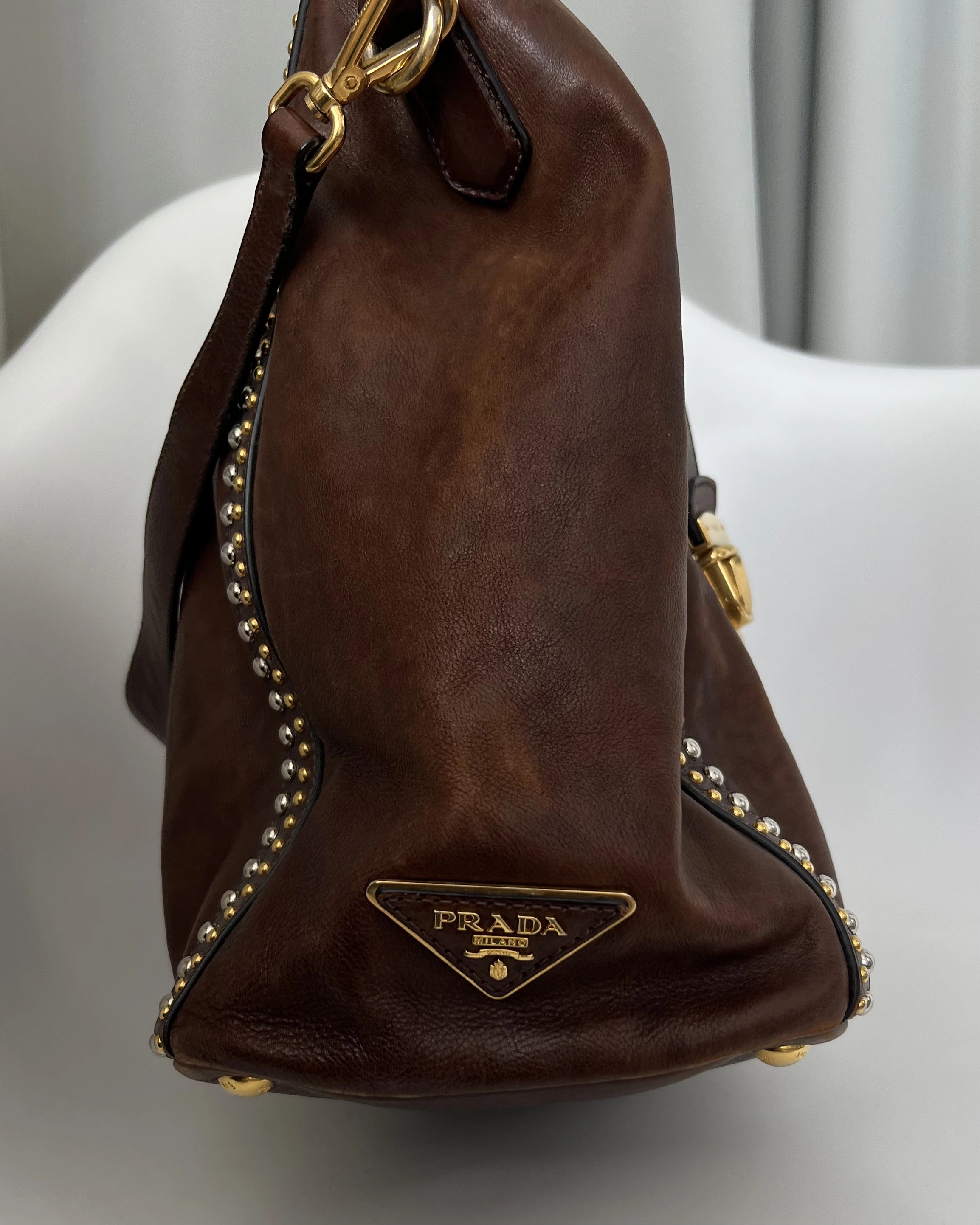 Prada Studded Leather Craquele Satchel Bag