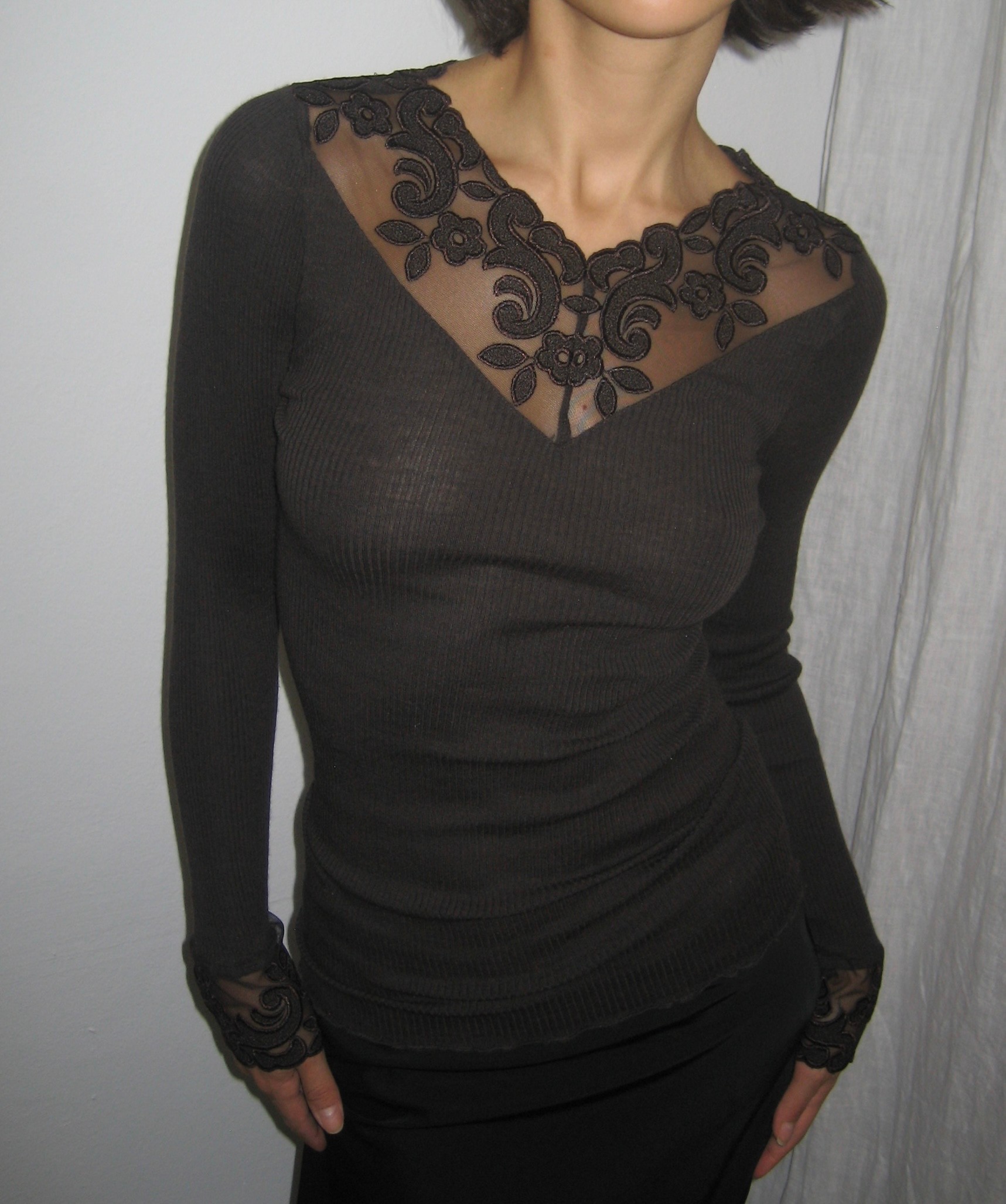 Brown Blouse with Lace Detail