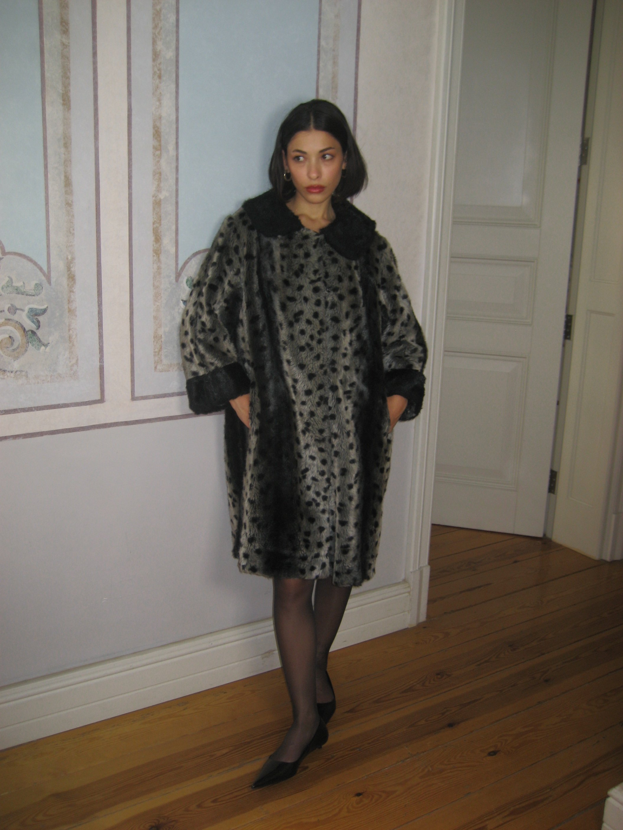 Patterned Gray Faux Fur Coat