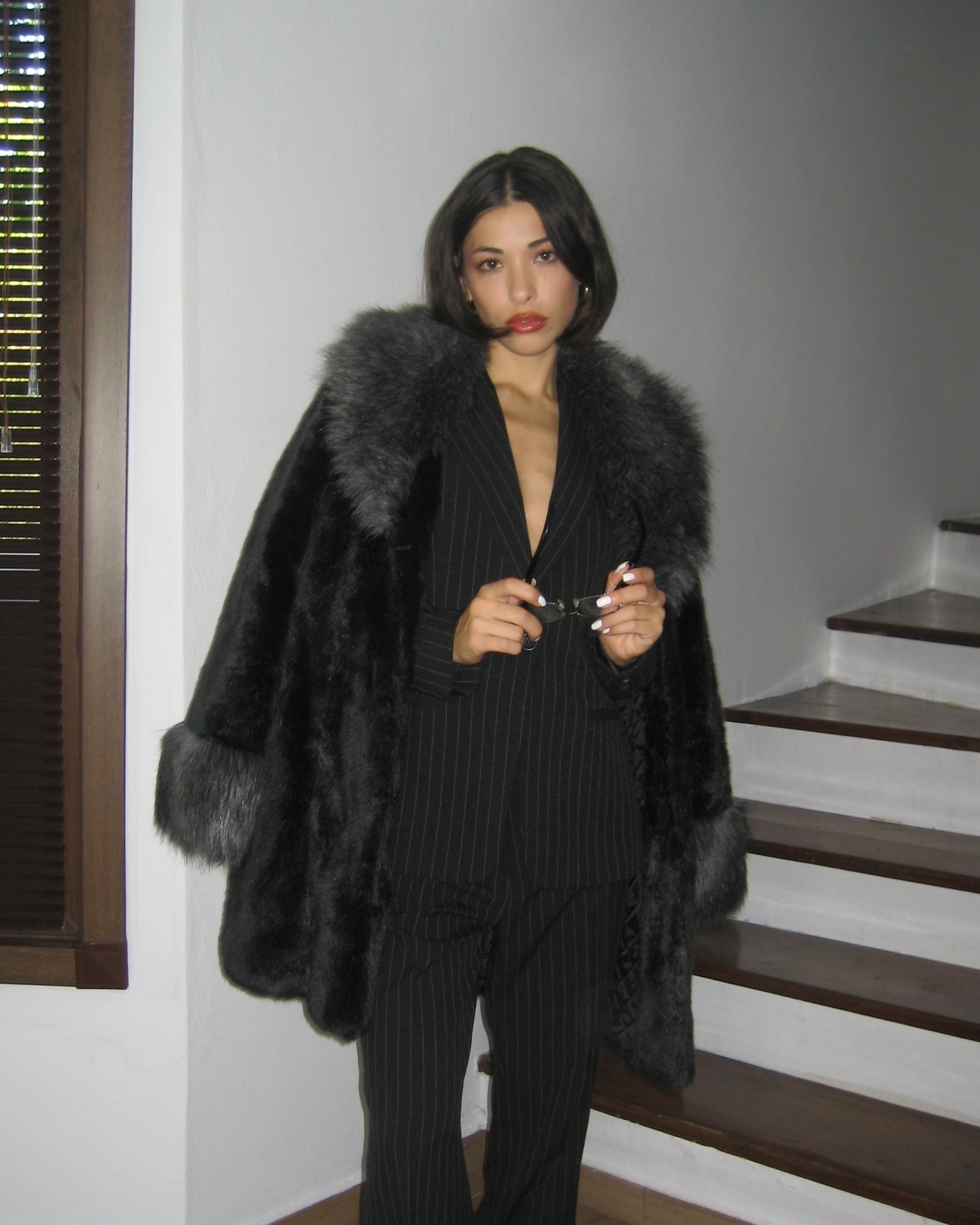 Gray Collar Black Faux Fur Coat