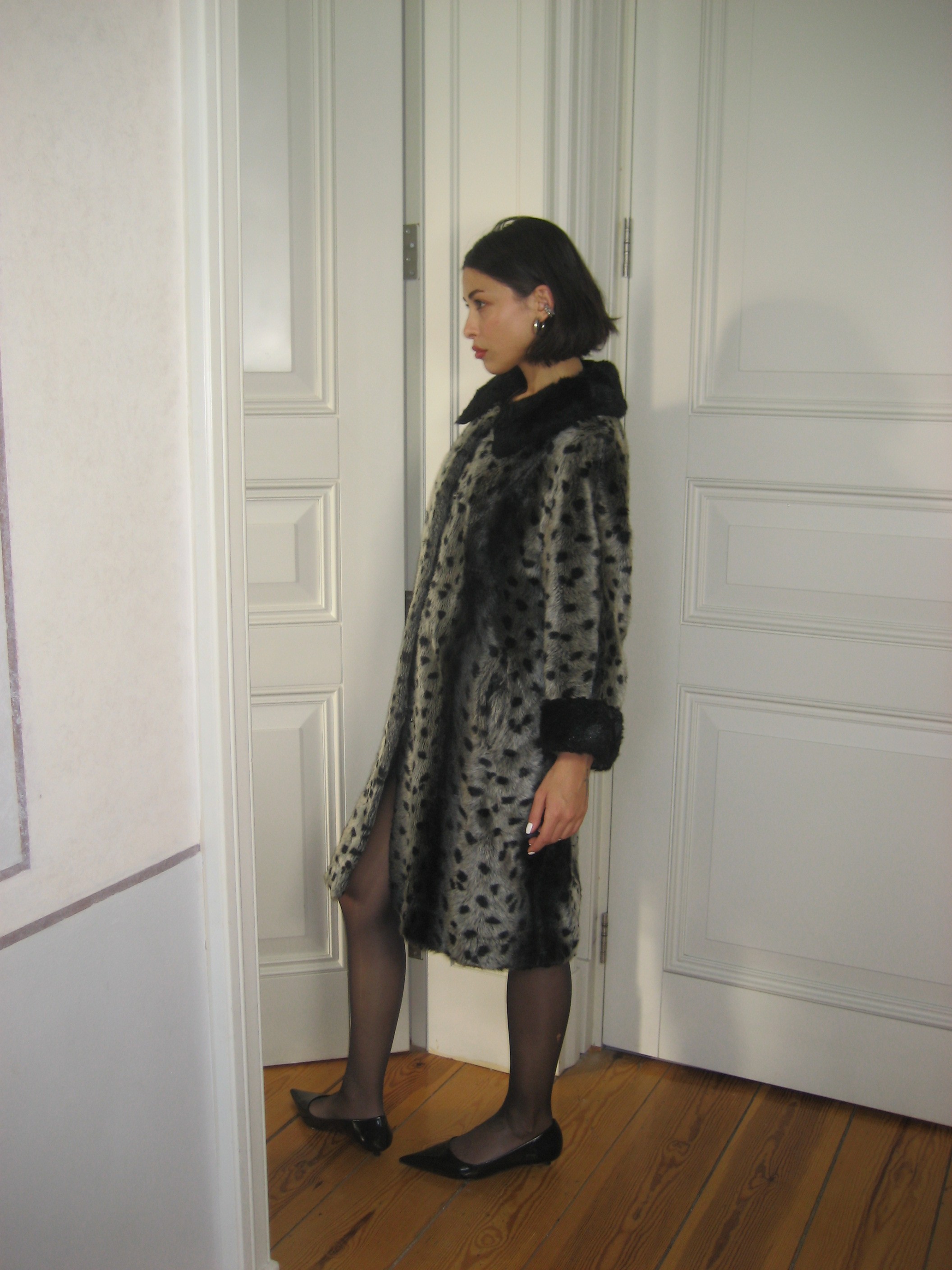 Patterned Gray Faux Fur Coat