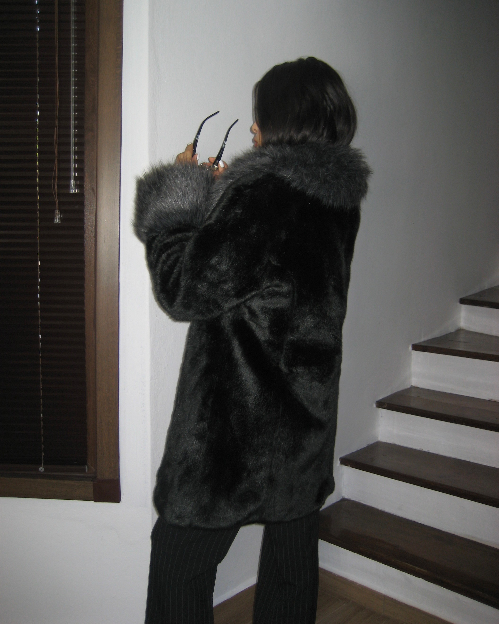 Gray Collar Black Faux Fur Coat