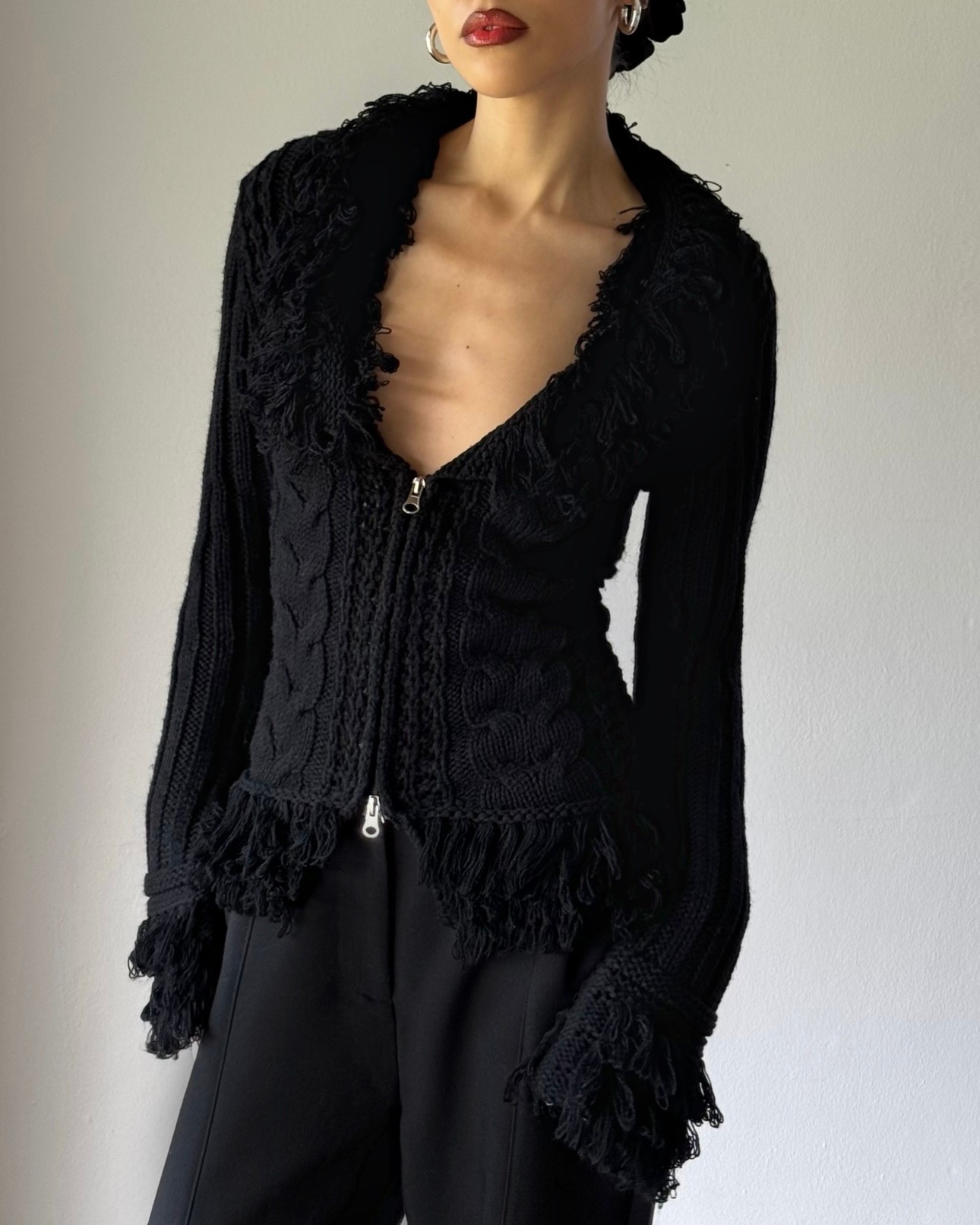 Black Cardigan with Collar and Sleeve Detail