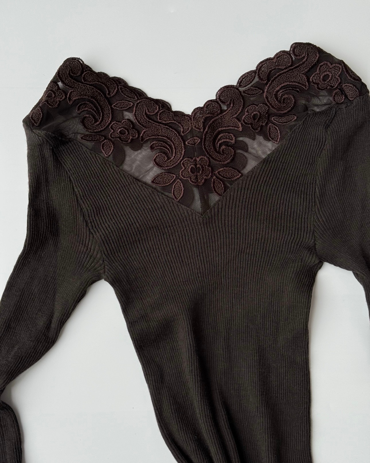 Brown Blouse with Lace Detail