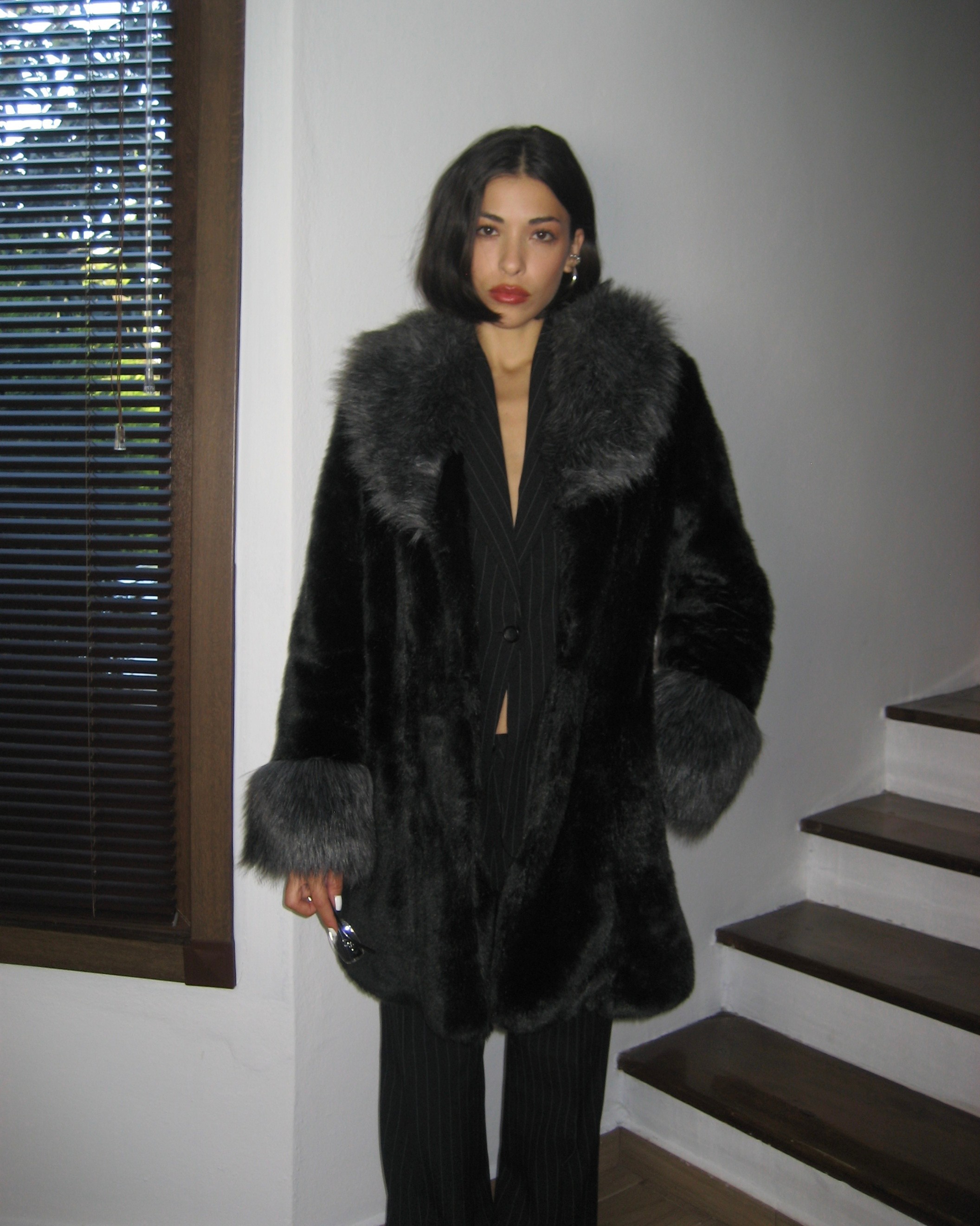 Gray Collar Black Faux Fur Coat