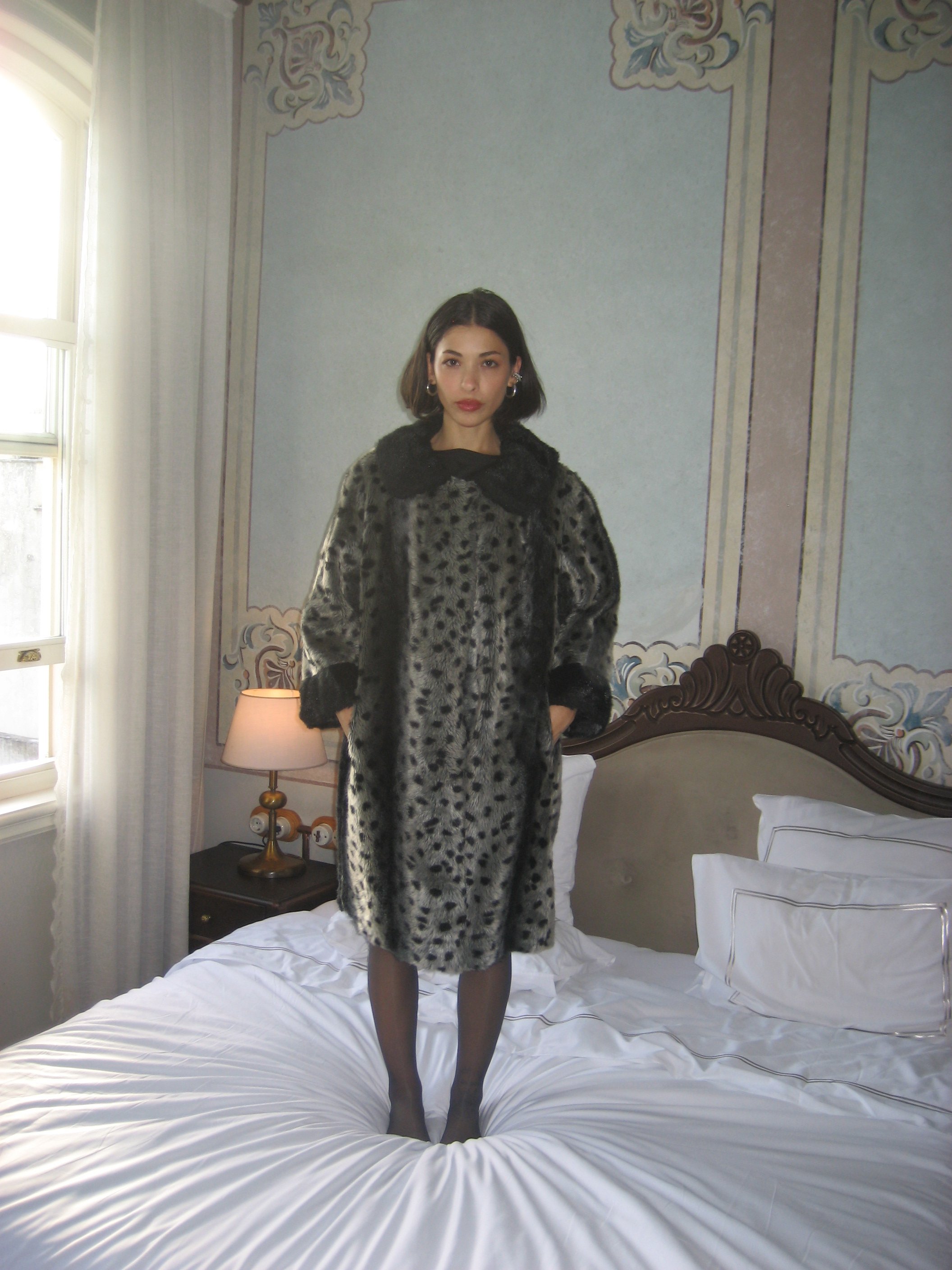 Patterned Gray Faux Fur Coat