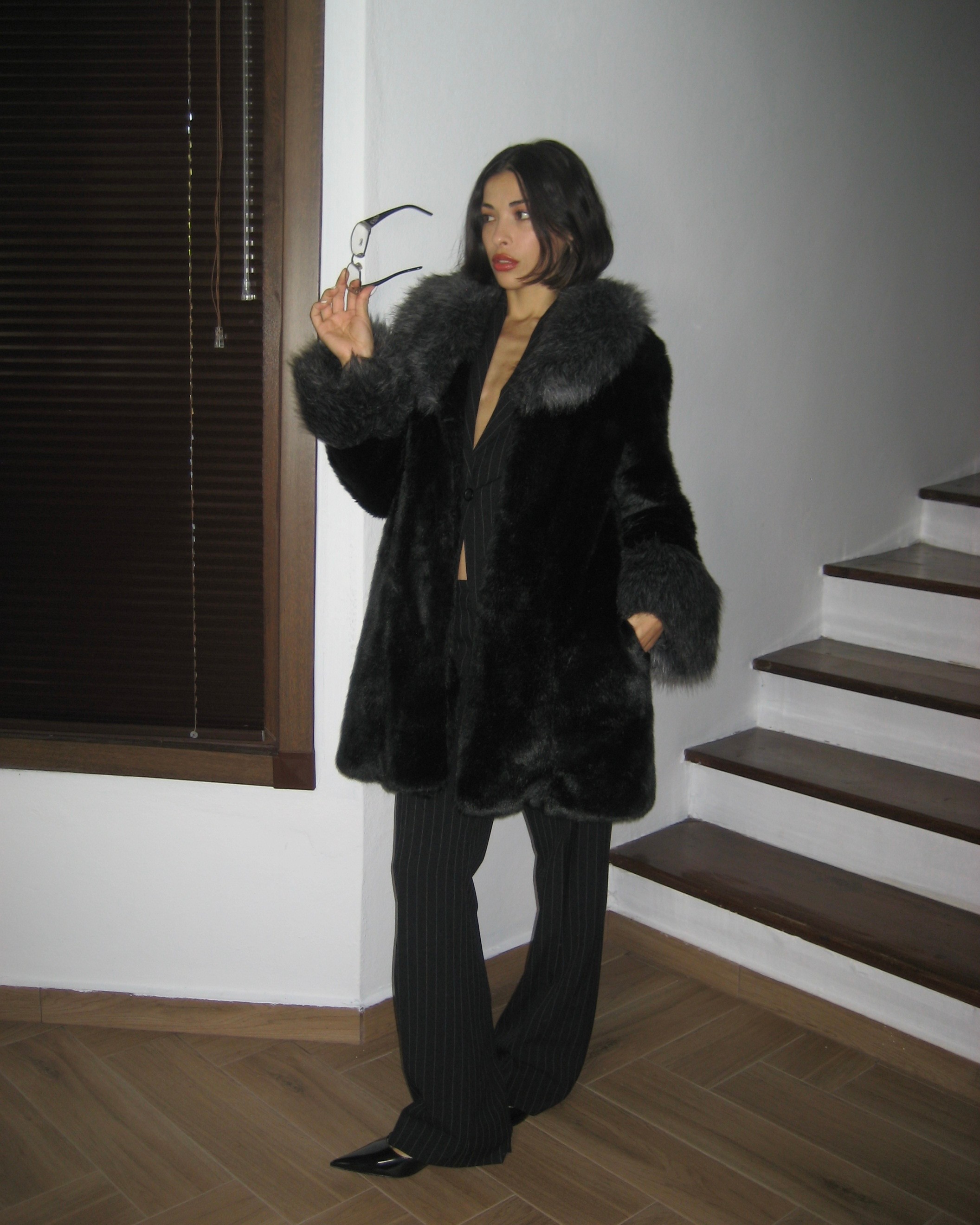 Gray Collar Black Faux Fur Coat