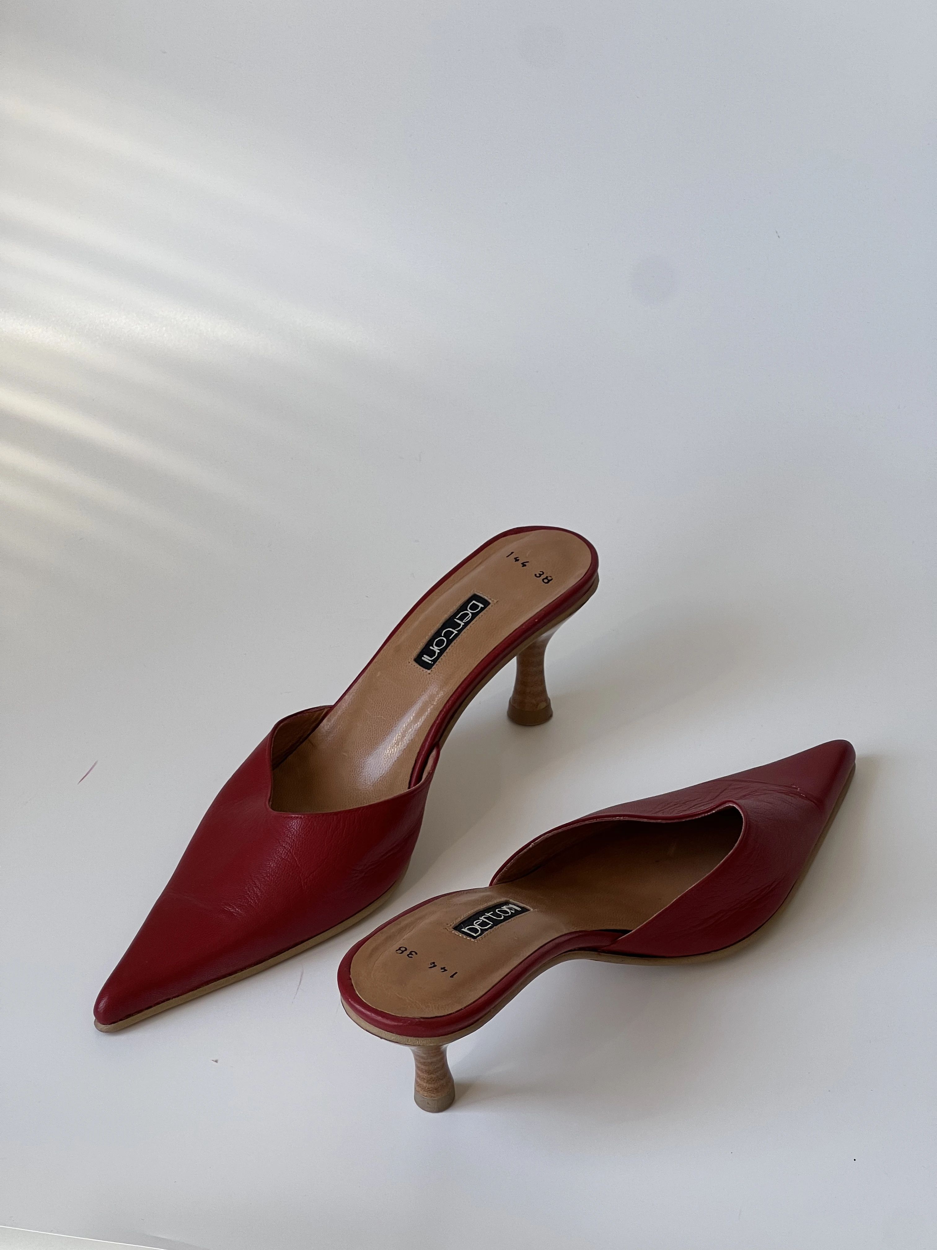 Red Pointed Toe Heeled Mules