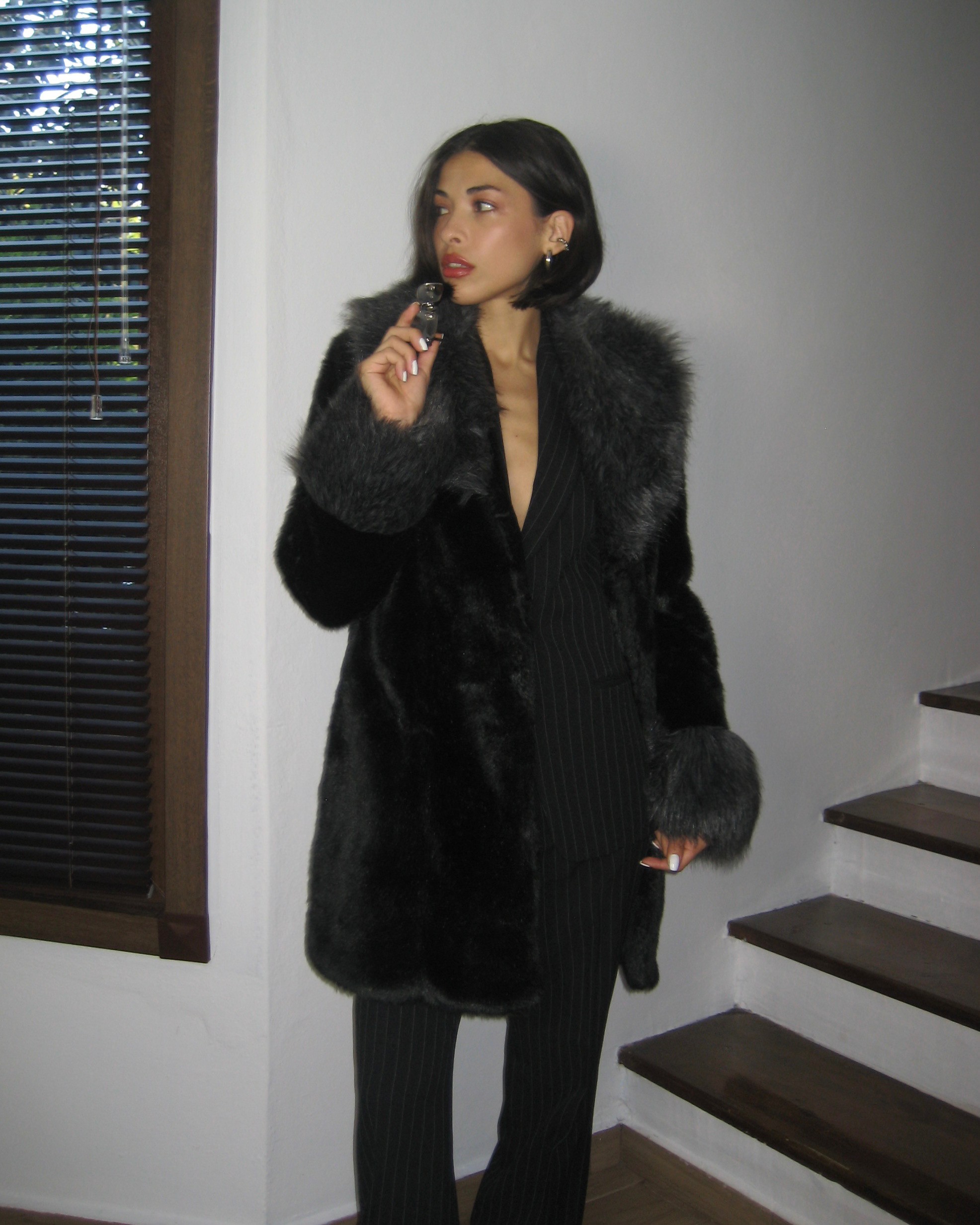 Gray Collar Black Faux Fur Coat