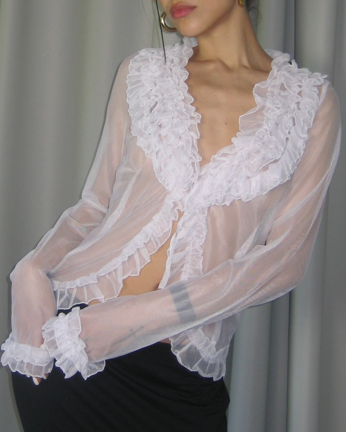 Collar and Sleeve Detailed Tulle Blouse