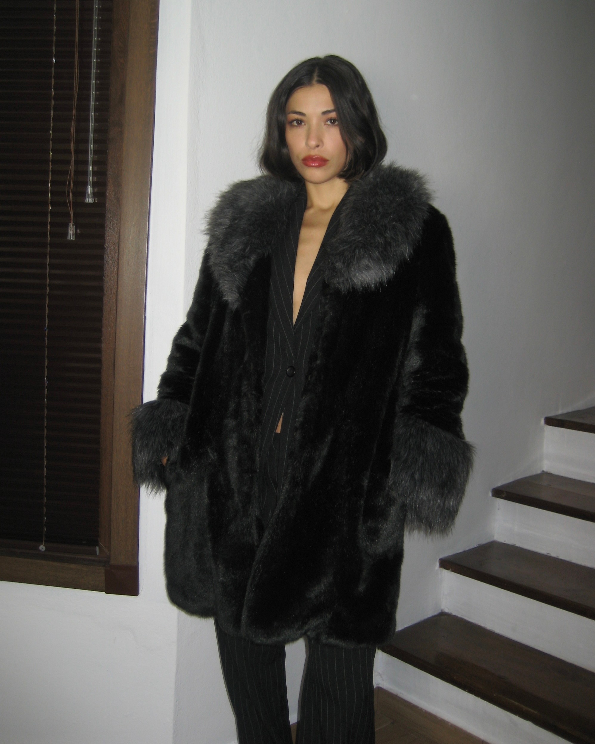 Gray Collar Black Faux Fur Coat