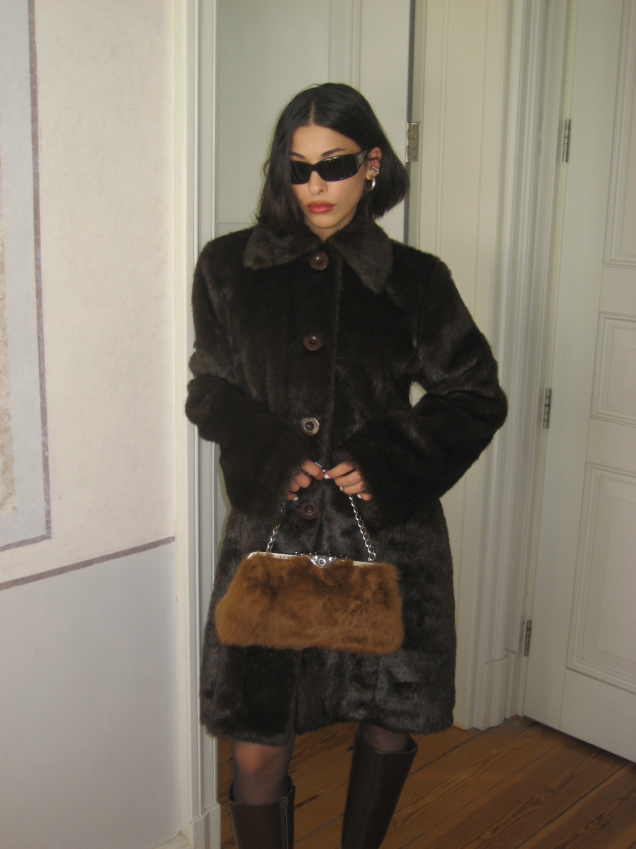 Buttoned Brown Faux Fur Coat