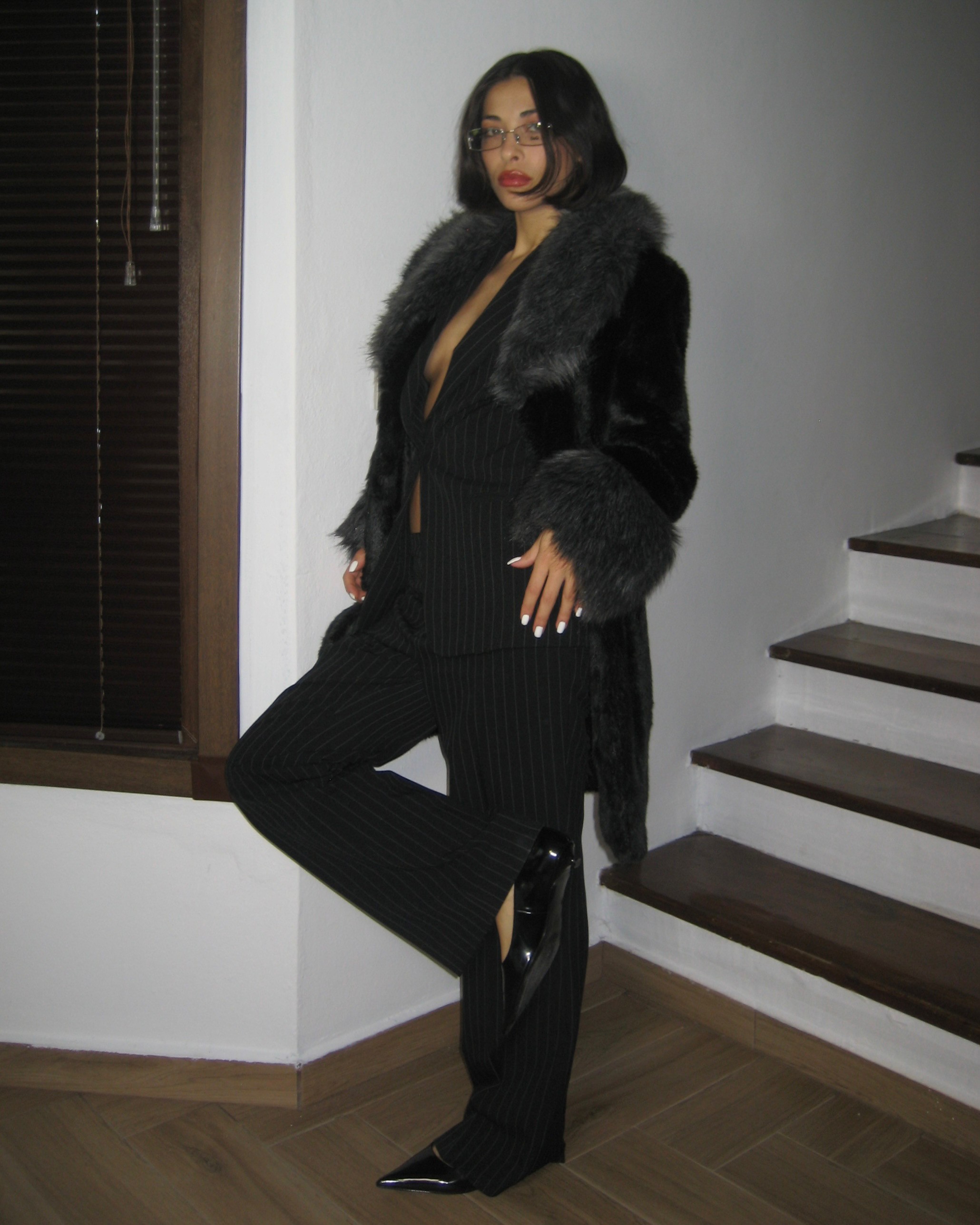 Gray Collar Black Faux Fur Coat